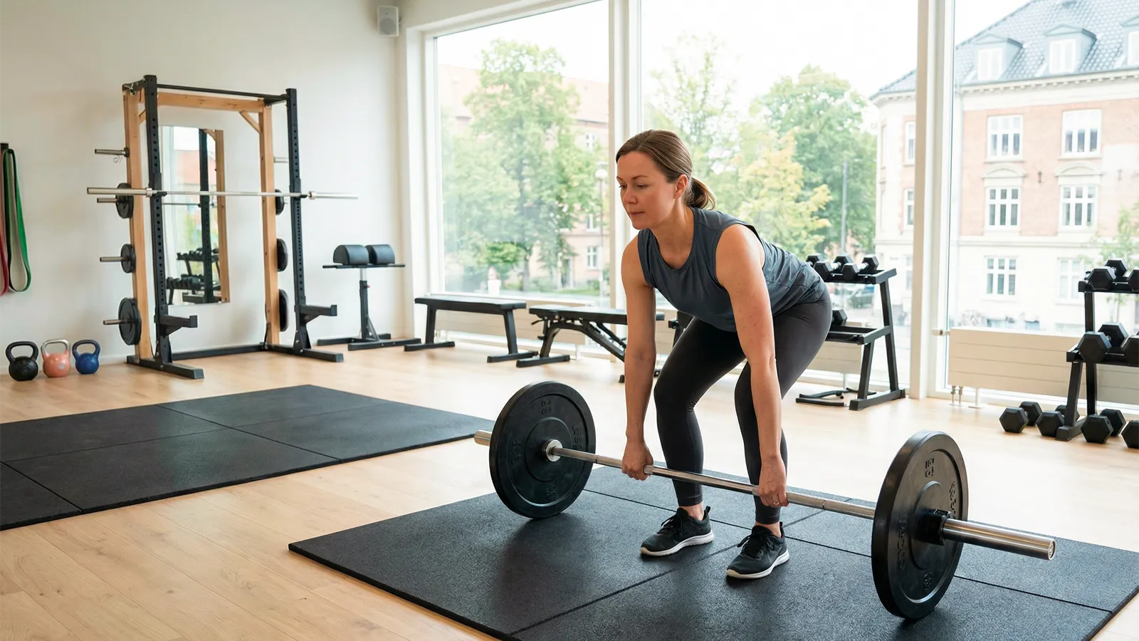 Kvinna tränar marklyft i ljust nordiskt gym med naturligt dagsljus – symboliserar styrka, prestation och långsiktig fysisk utveckling