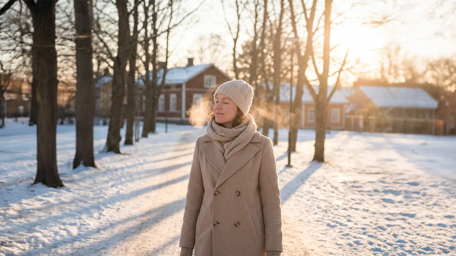 Kvinna i vinterljus som får solljus i ansiktet – symbol för vitamin D3 och kroppens behov av ljus under mörka månader