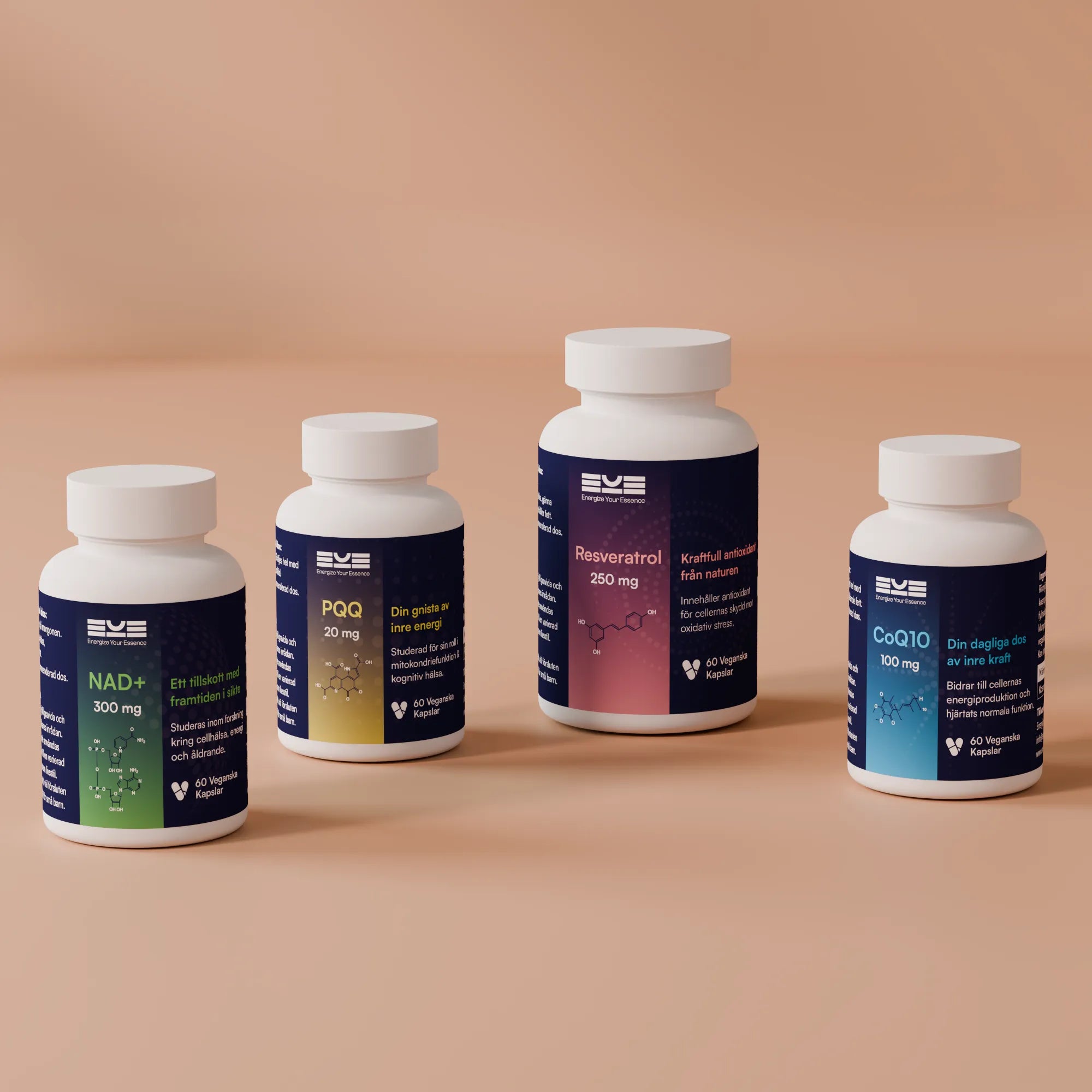 Kosttillskott för cellhälsa och energi – NAD+, PQQ, Resveratrol och CoQ10 från Energize Your Essence