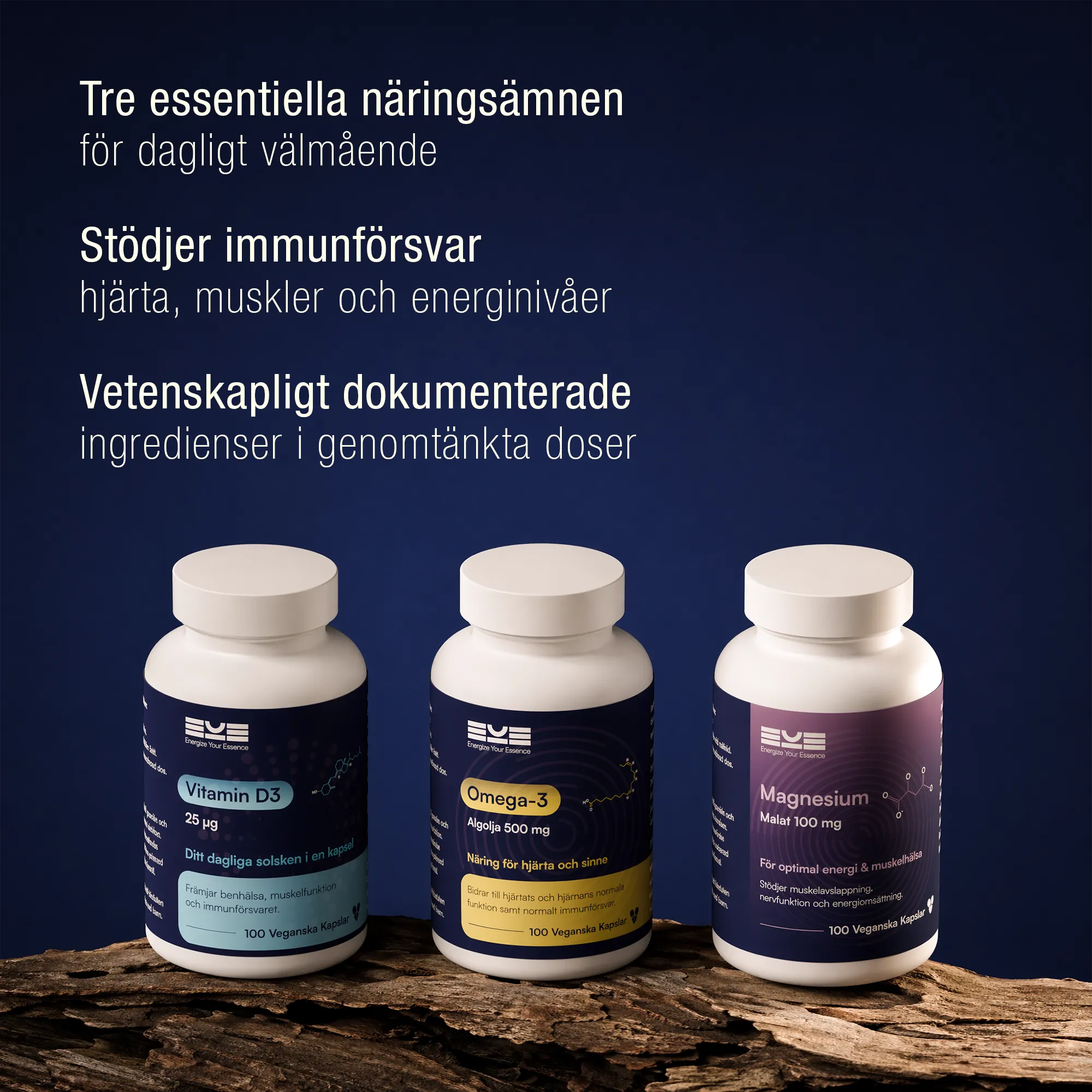 Kosttillskott för dagligt välmående – vitamin D3, omega-3 och magnesium från Energize Your Essence för immunförsvar, energi och muskelhälsa