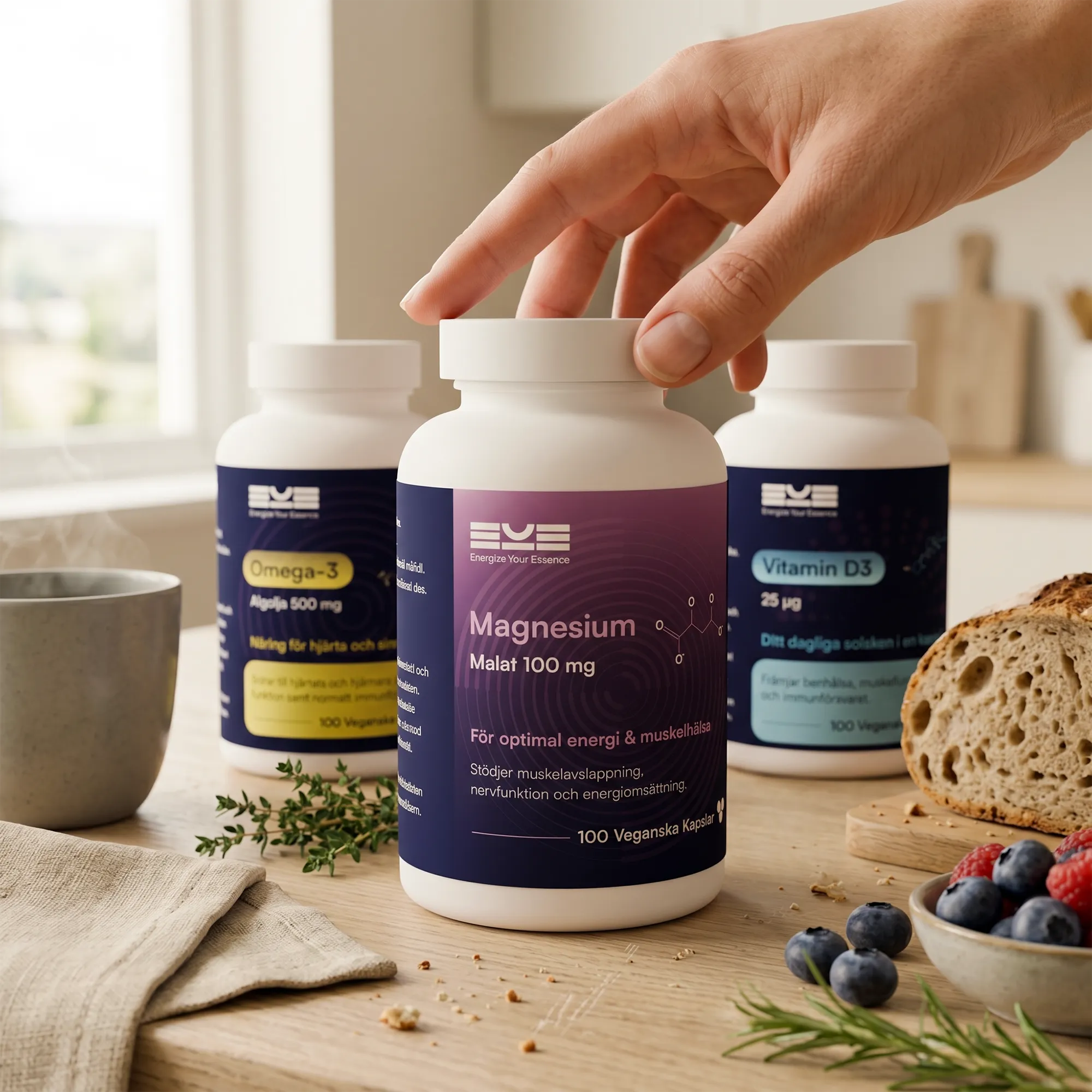 Energize Your Essence kosttillskott i köksmiljö med Magnesium, Omega-3 och Vitamin D3 på ett bord med bröd och bär. En hand sträcker sig efter burken med Magnesium, vilket illustrerar daglig användning och balans i vardagen.