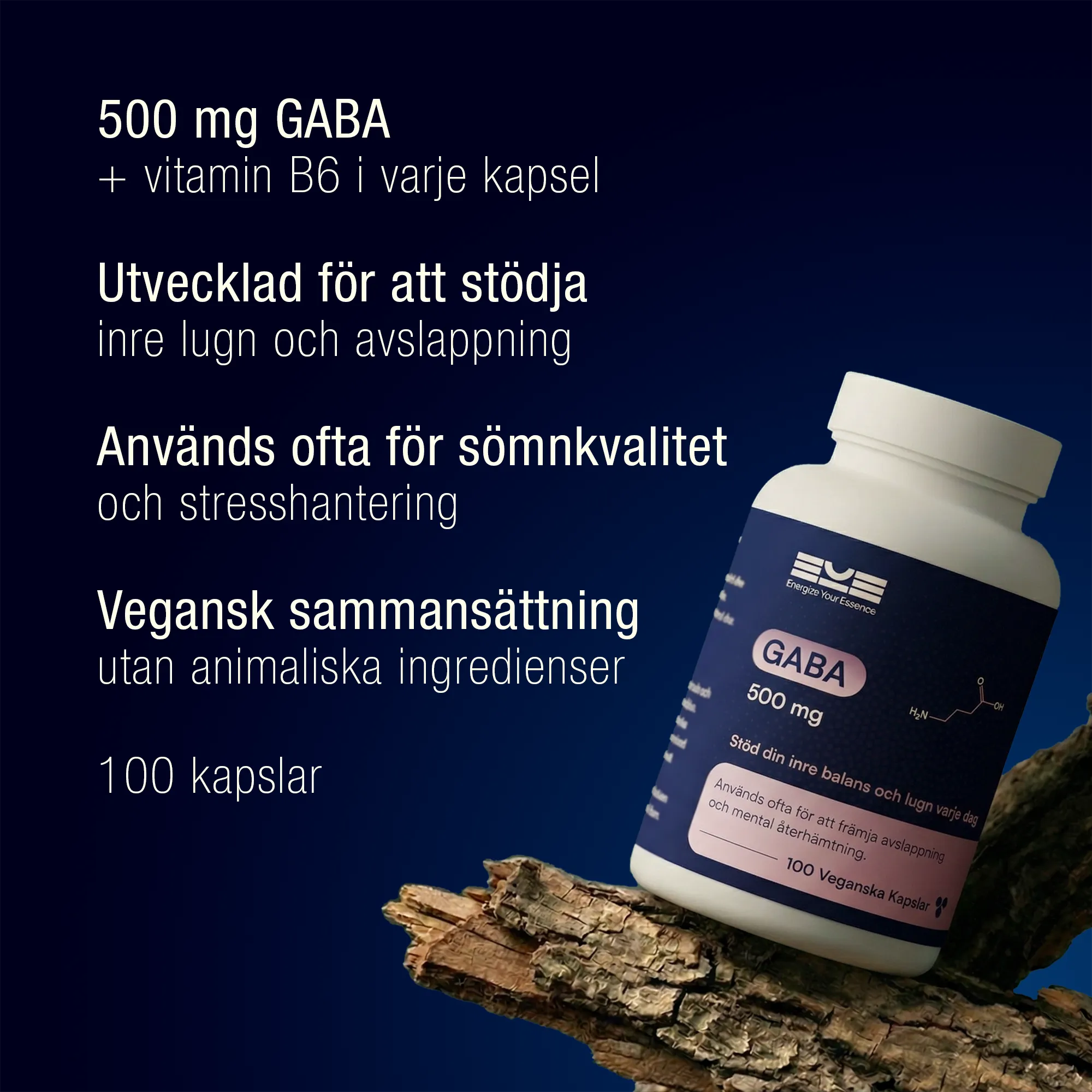 GABA 500 mg med vitamin B6 från Energize Your Essence – kosttillskott för avslappning, sömnkvalitet och stresshantering