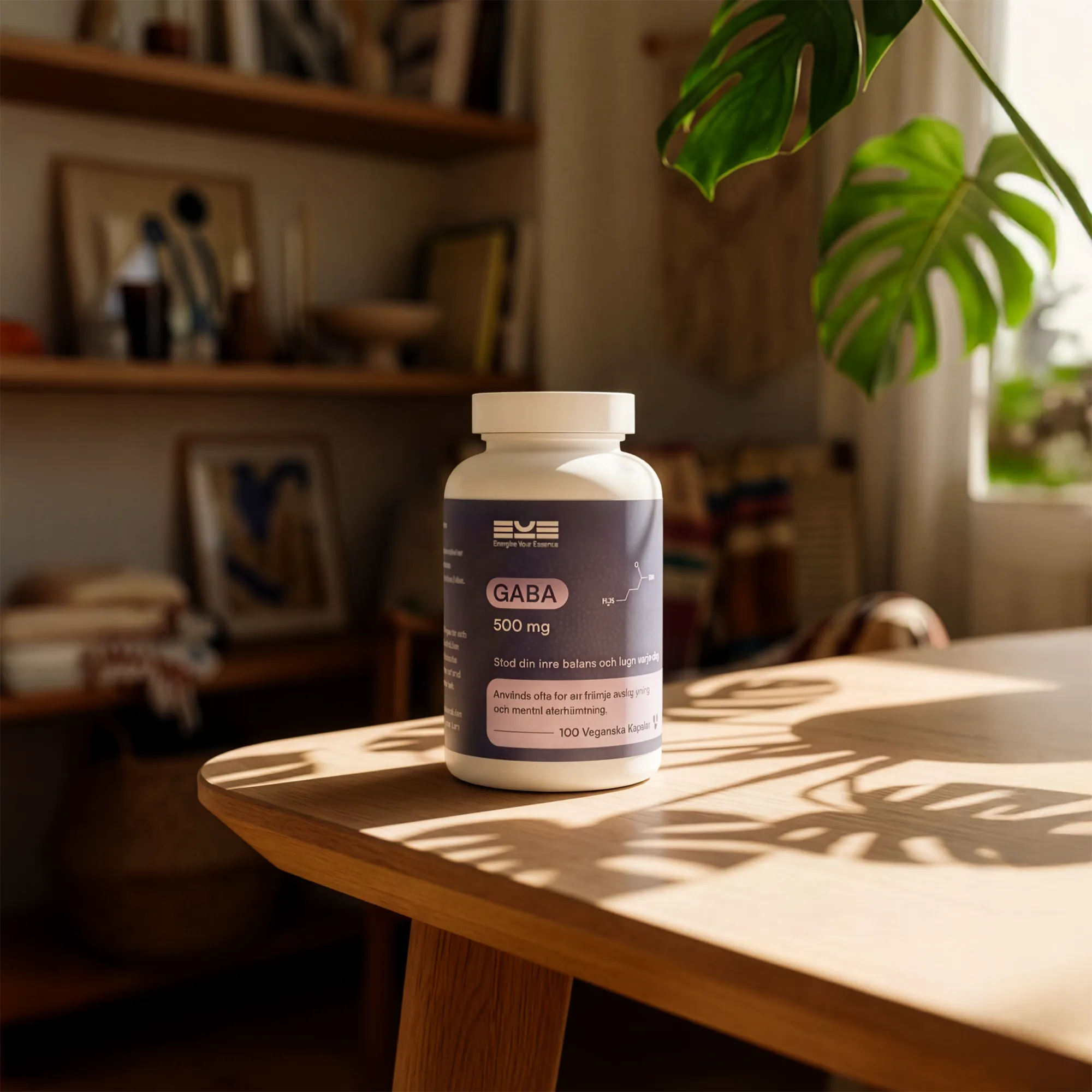 GABA 500 mg från Energize Your Essence i varm hemmiljö – kosttillskott för avslappning och mental återhämtning i vardagen