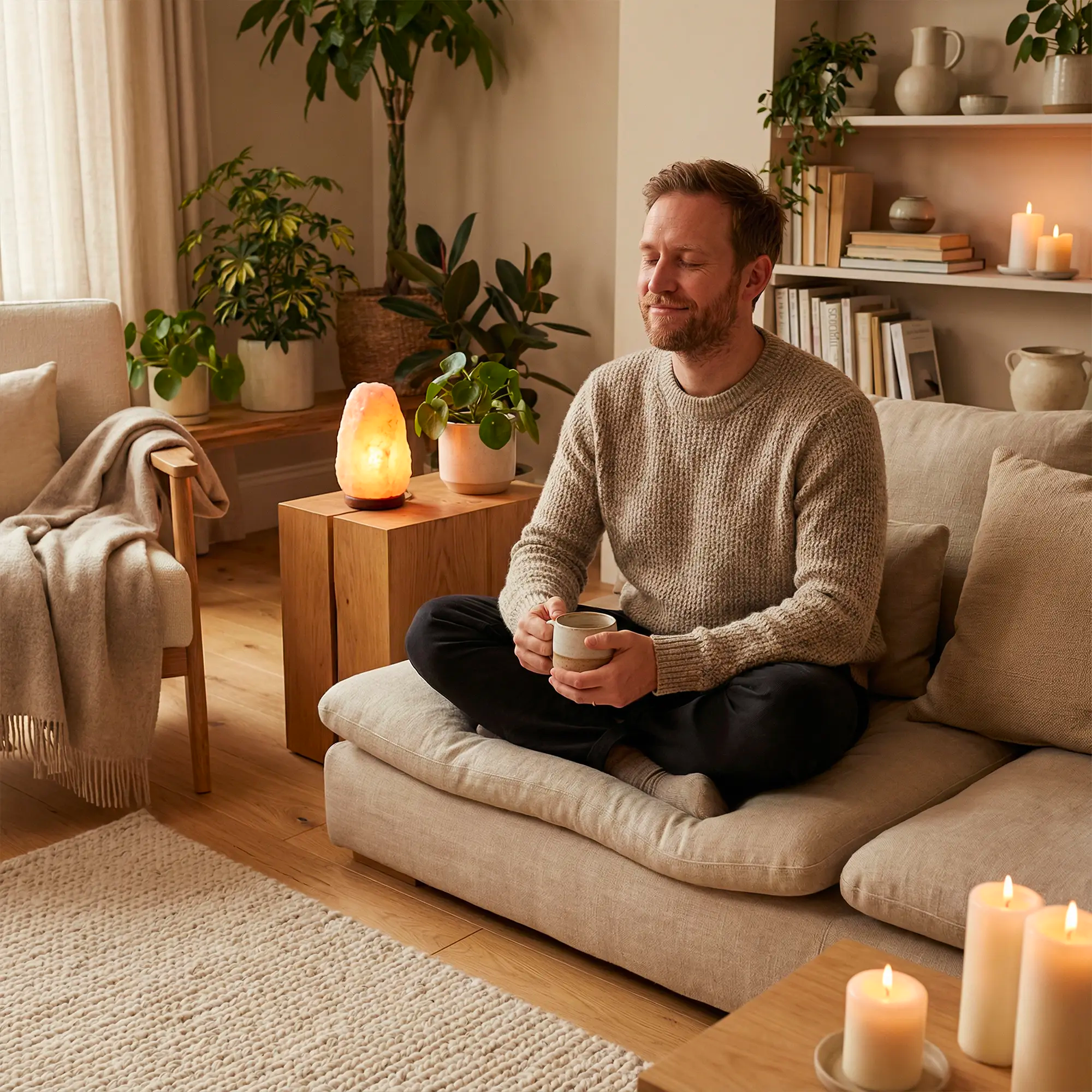 Man i lugn kvällsmiljö med dämpat ljus – symbol för avslappning, ro och bättre sömn