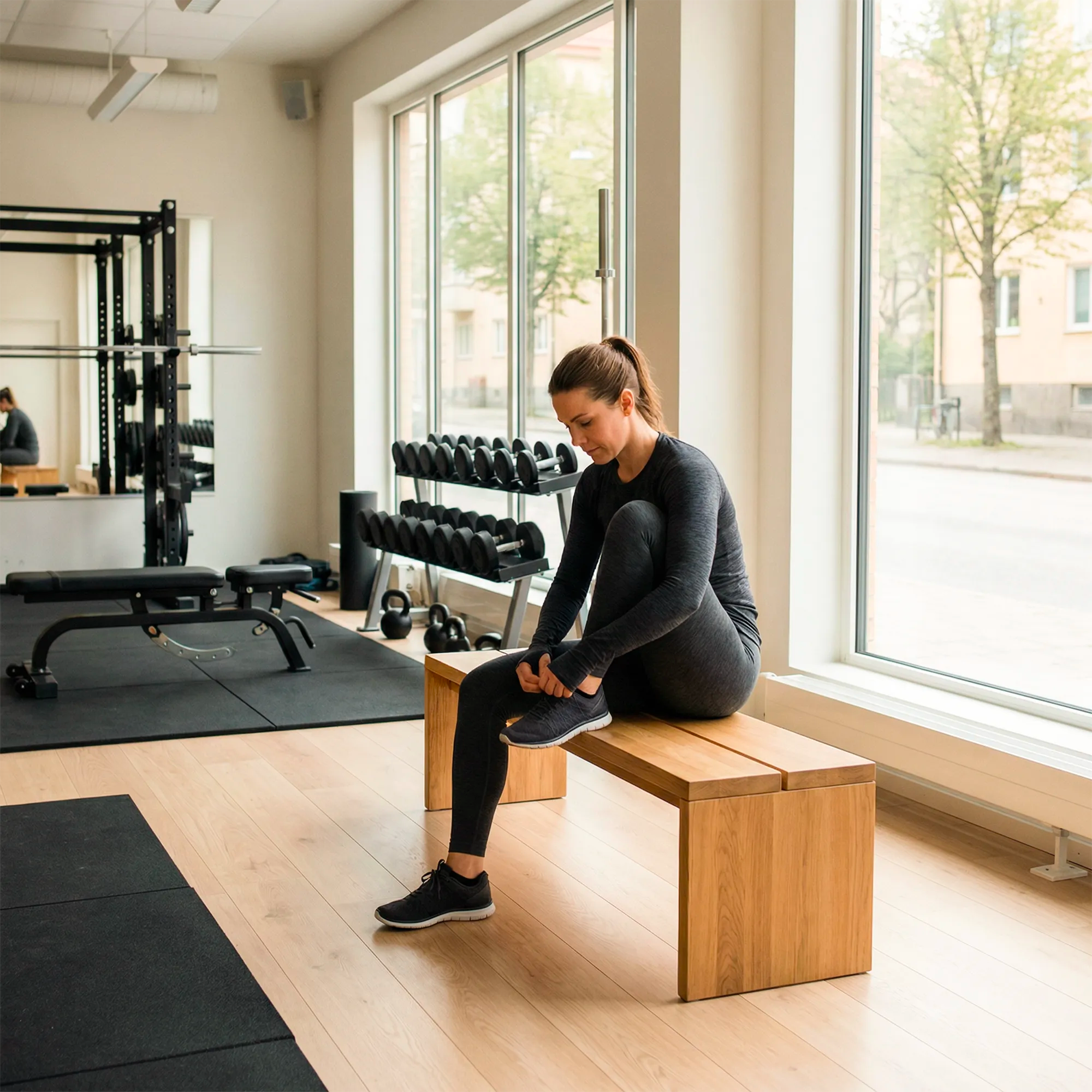 Kvinna i gymmiljö som förbereder sig för träning – fokus, styrka och en aktiv start på träningspasset