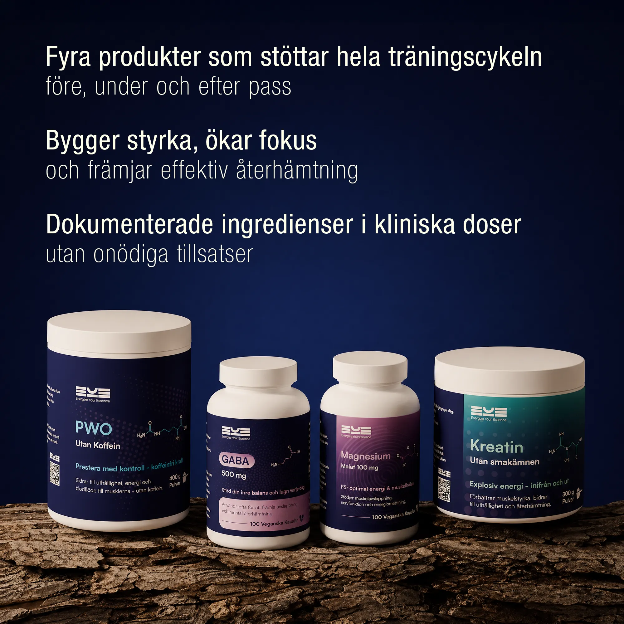 Kosttillskott för träning utan koffein – PWO utan koffein, kreatin utan smak, magnesium och GABA från Energize Your Essence för energi, fokus och återhämtning