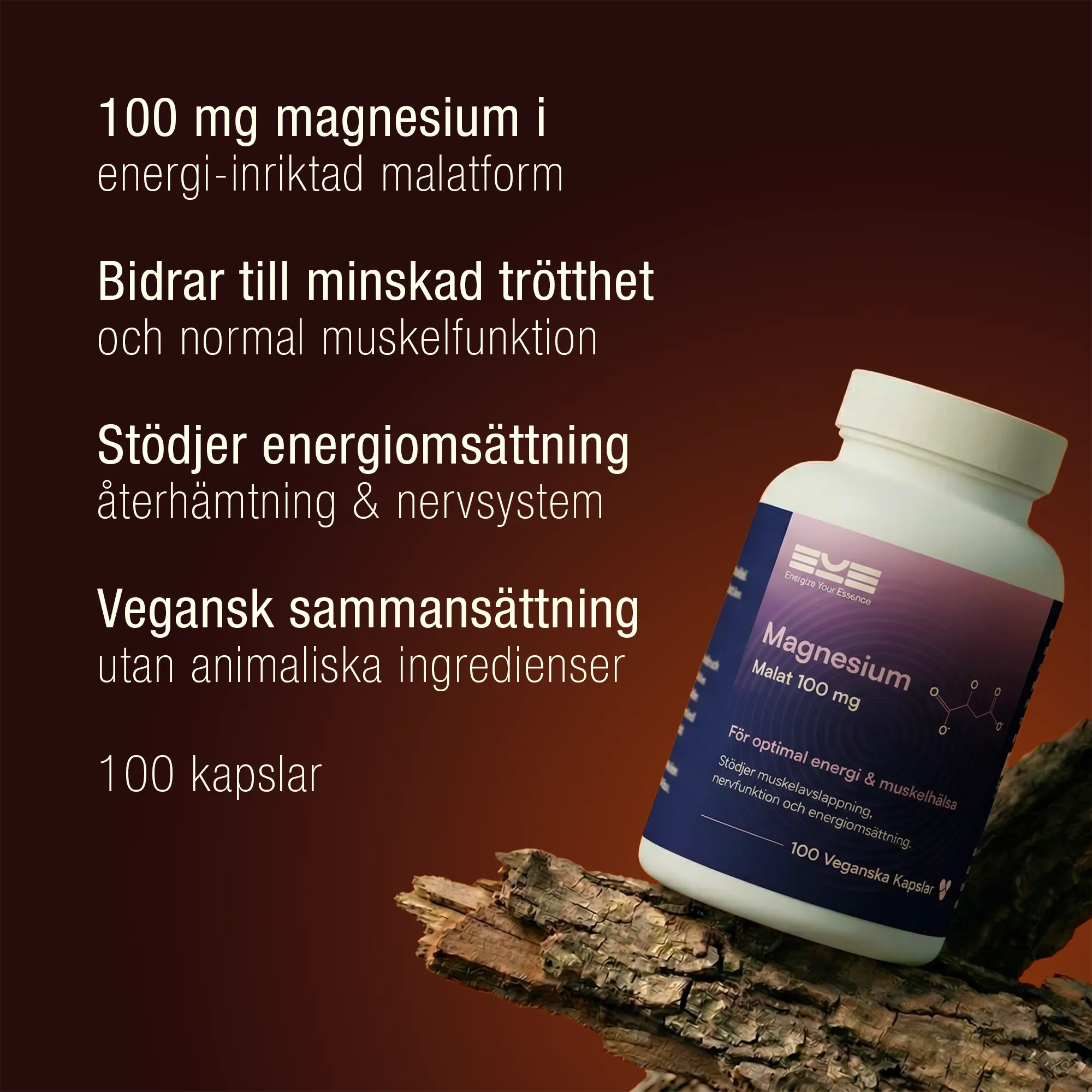 Magnesium malat 100 mg från Energize Your Essence – kosttillskott som bidrar till minskad trötthet och normal muskelfunktion