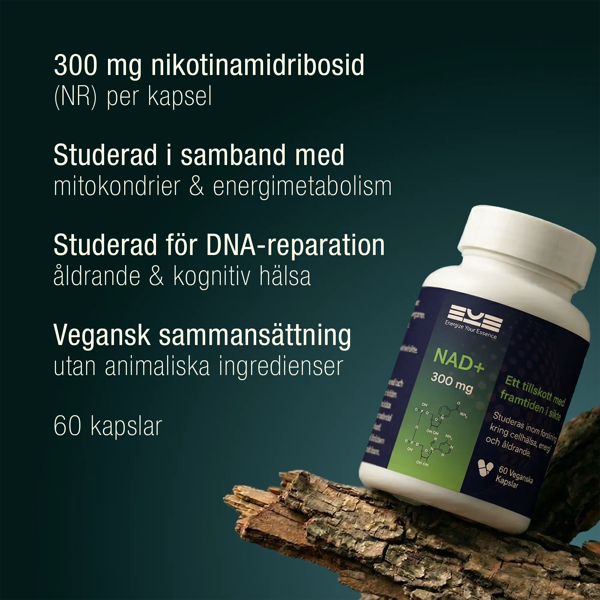 300 mg nikotinamidribosid (NR) per kapsel – NAD+ från Energize Your Essence med fokus på mitokondrier, energimetabolism, DNA-reparation och hälsosamt åldrande