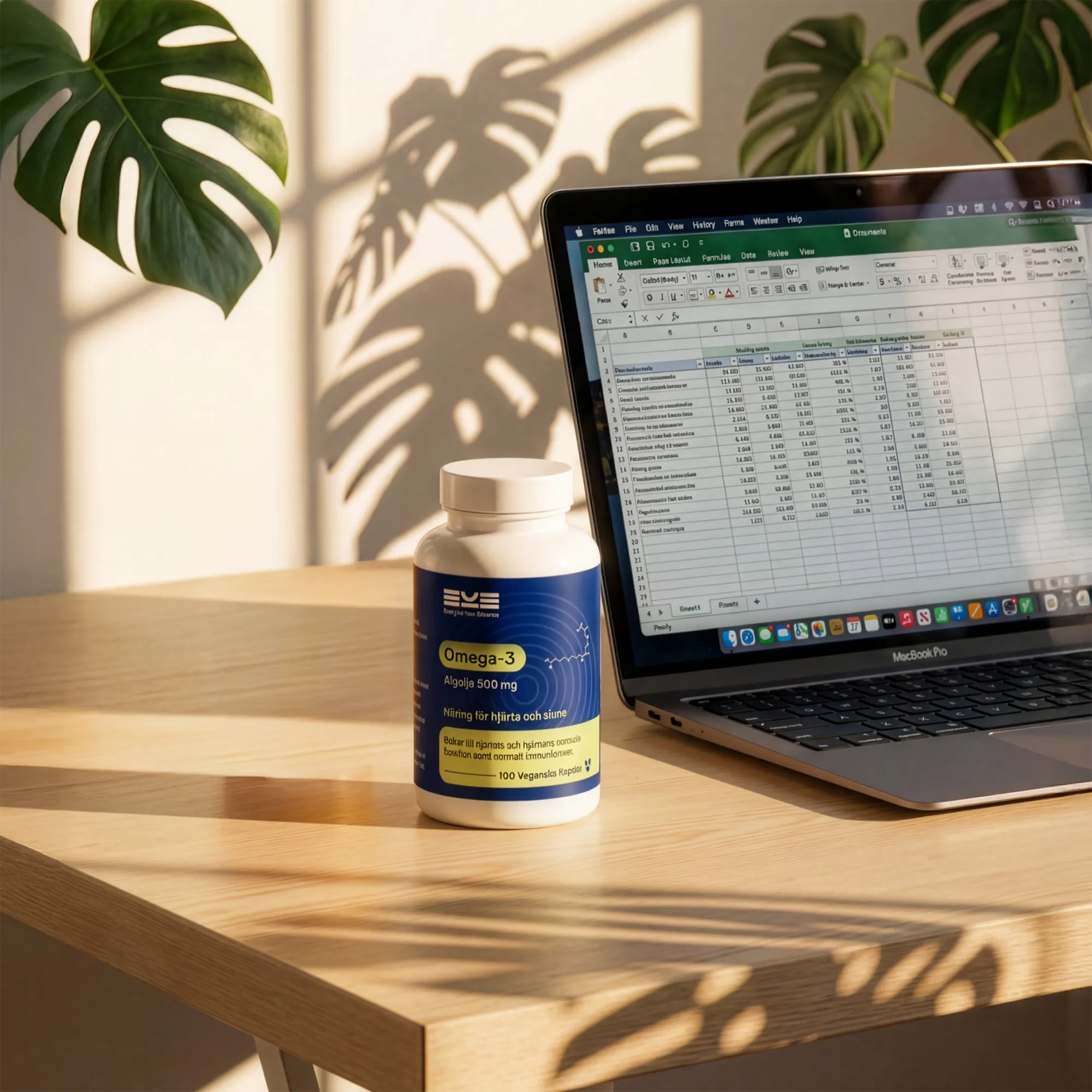 Omega-3 algolja 500 mg från Energize Your Essence på skrivbord bredvid laptop – dagligt tillskott för fokus, hjärnhälsa och produktiv vardag