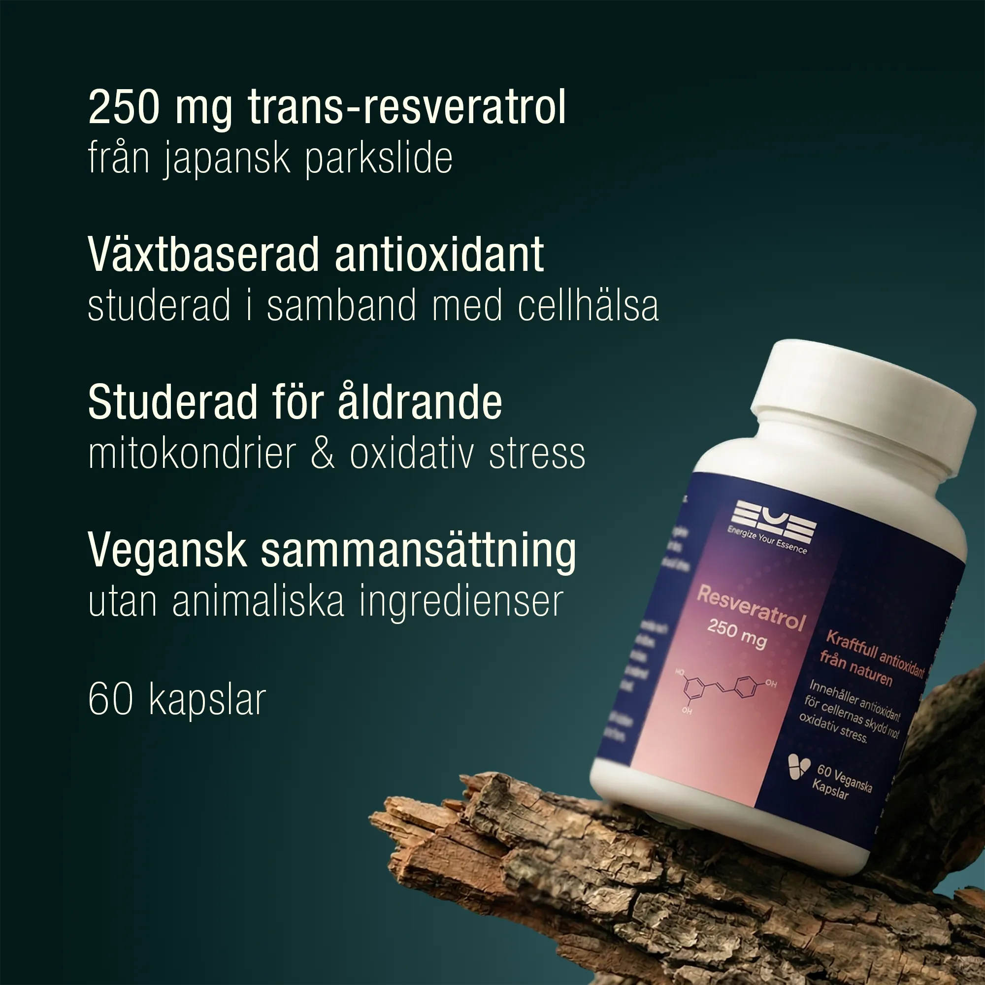 Resveratrol 250 mg från Energize Your Essence med text om växtbaserad antioxidant och cellhälsa, burk placerad på trä mot mörk bakgrund