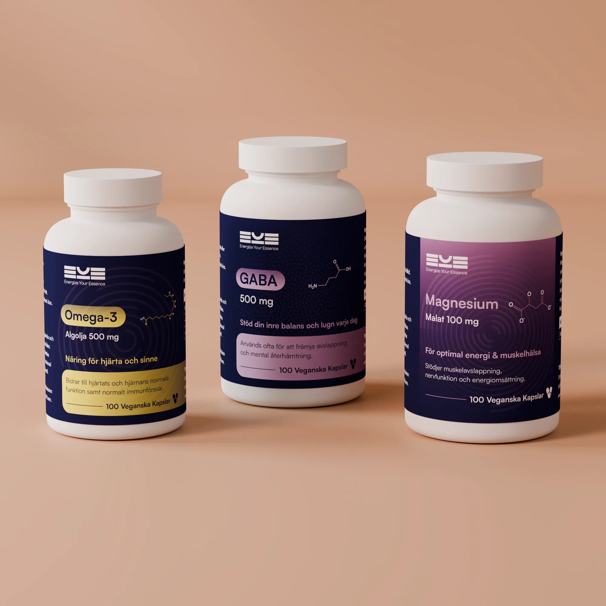 Tre kosttillskott från Energize Your Essence – Omega-3, GABA och Magnesium – presenterade tillsammans mot mjuk beige bakgrund