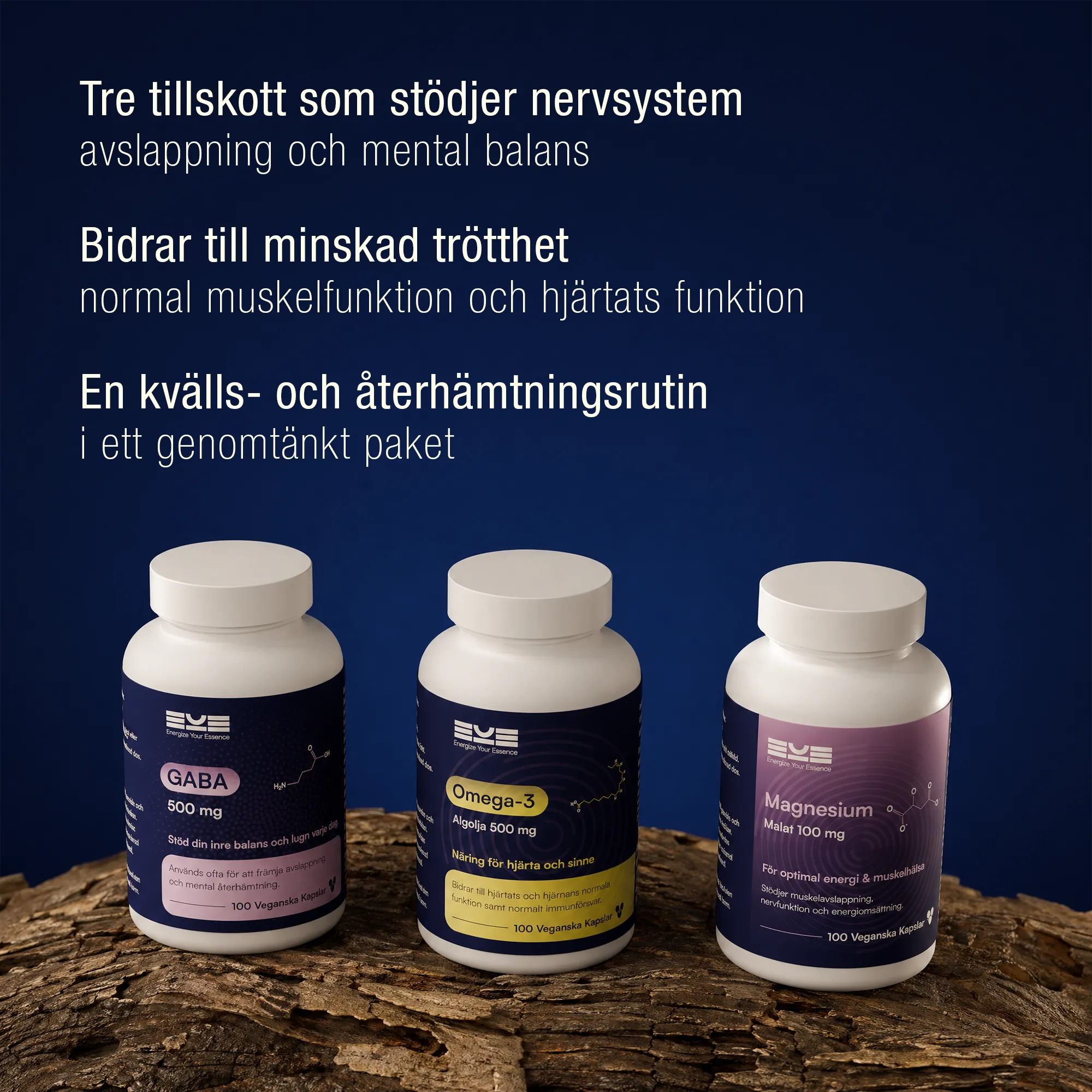 Kosttillskott för avslappning och sömn – GABA, omega-3 och magnesium från Energize Your Essence för mental balans, återhämtning och minskad trötthet