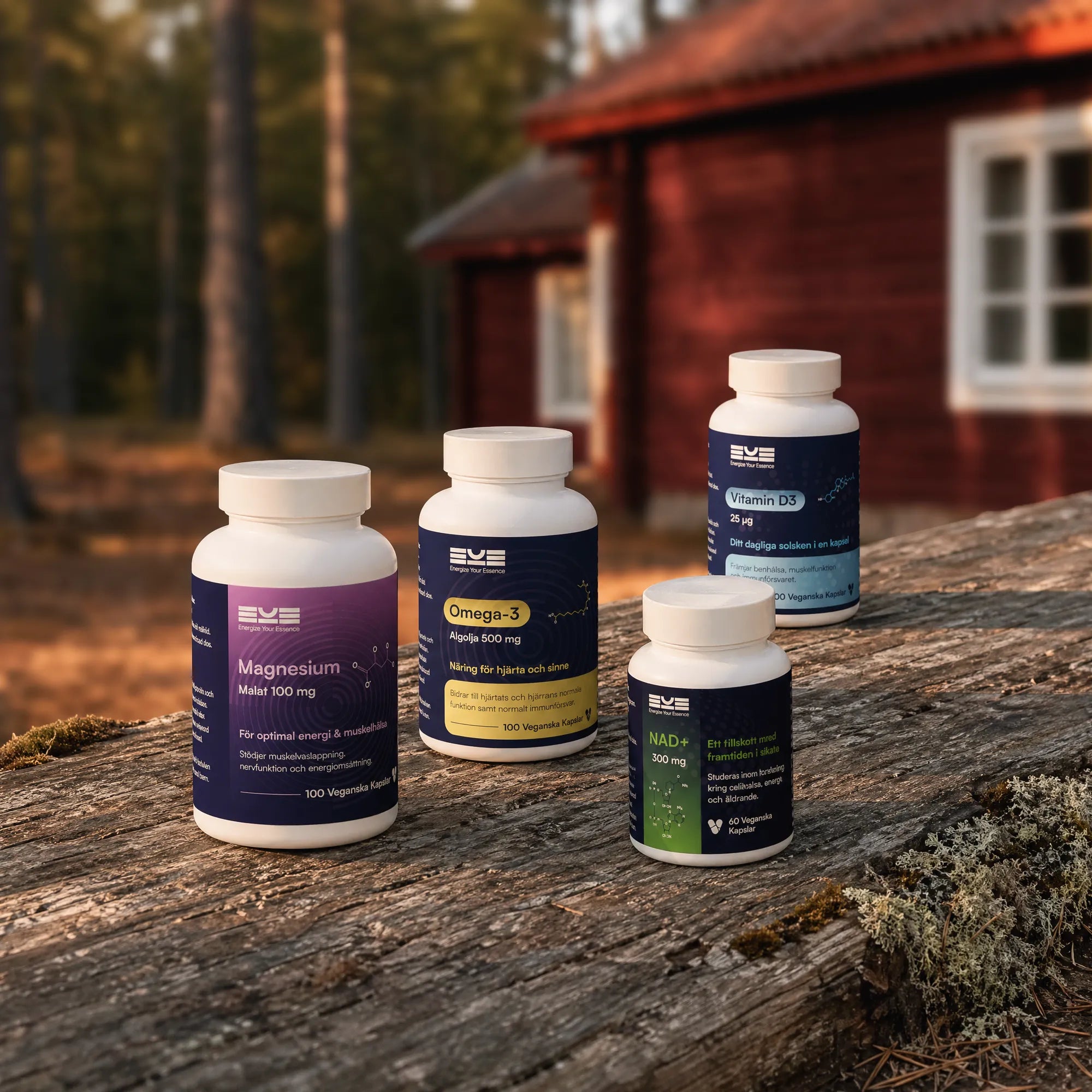 Kosttillskott från Energize Your Essence i en stillsam naturmiljö – magnesium, omega-3, vitamin D3 och NAD+ tillsammans som ett genomtänkt system för balans och välmående.