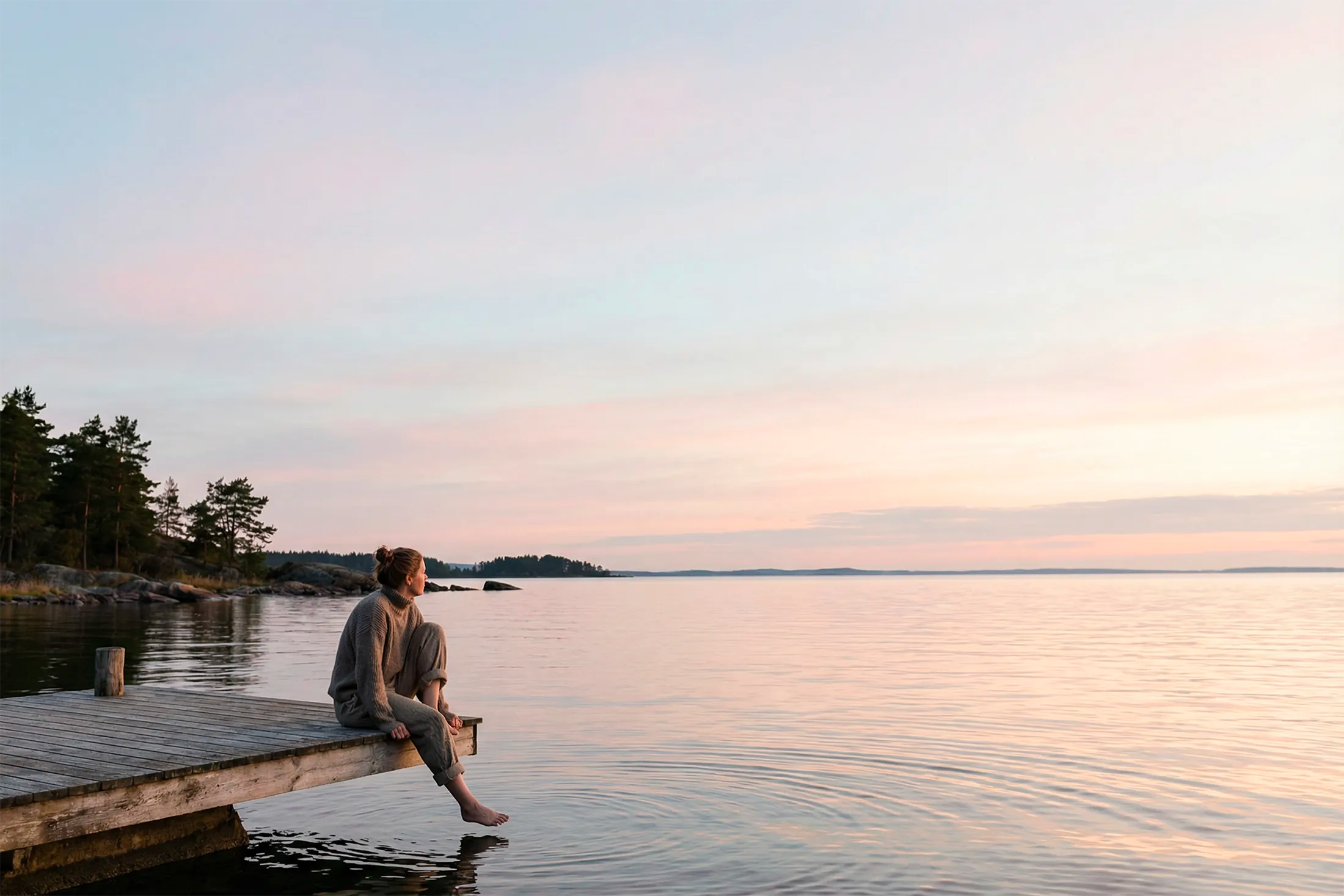 Person som sitter på brygga vid stilla vatten i solnedgång – reflektion, närvaro och balans i naturen