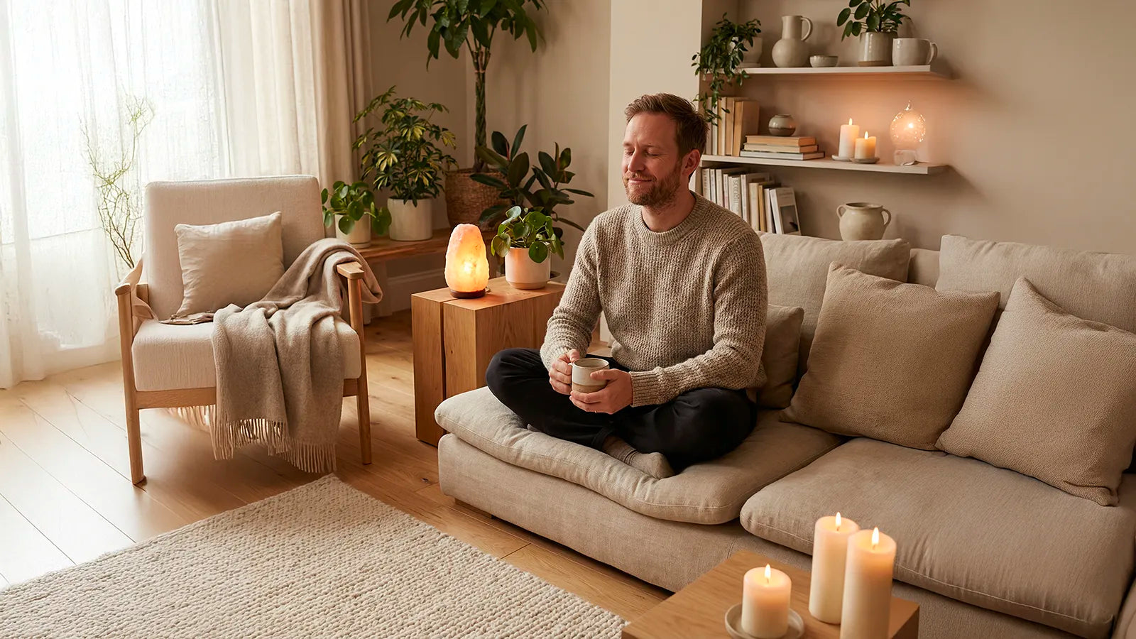 Man i lugn kvällsmiljö med dämpat ljus – symbol för avslappning, ro och bättre sömn