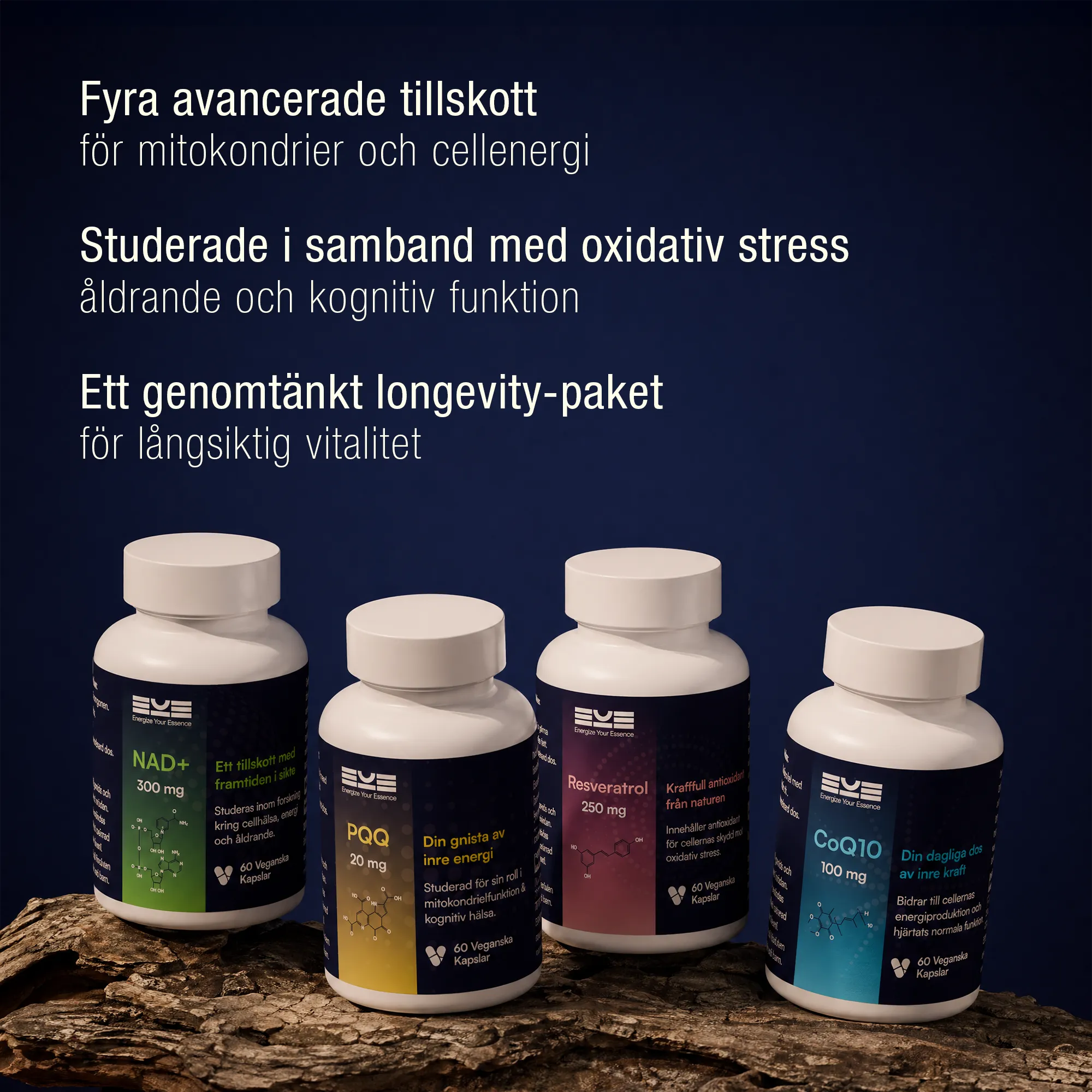 Kosttillskott för cellhälsa och vitalitet – NAD+, PQQ, resveratrol och CoQ10 från Energize Your Essence för mitokondrier, energi och långsiktig vitalitet