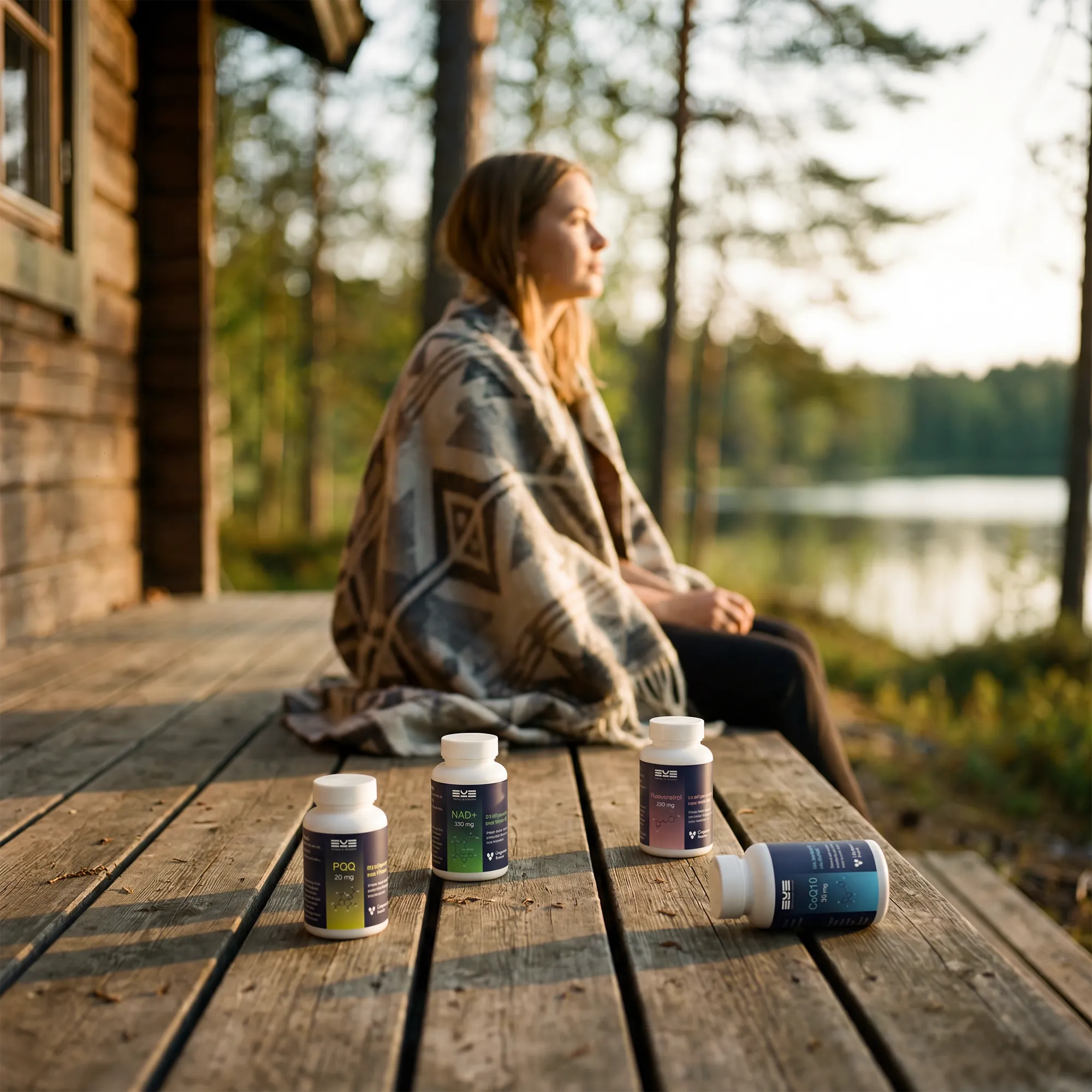 Kosttillskott för cellhälsa och energi i naturlig miljö – NAD+, PQQ, Resveratrol och CoQ10 i en stillsam stund vid sjön
