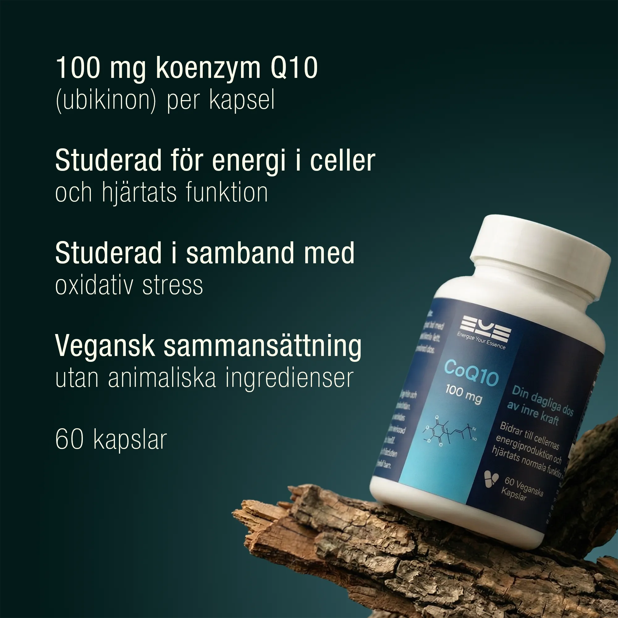 CoQ10 100 mg kosttillskott från Energize Your Essence med produktfördelar och vegansk sammansättning presenterade i bild