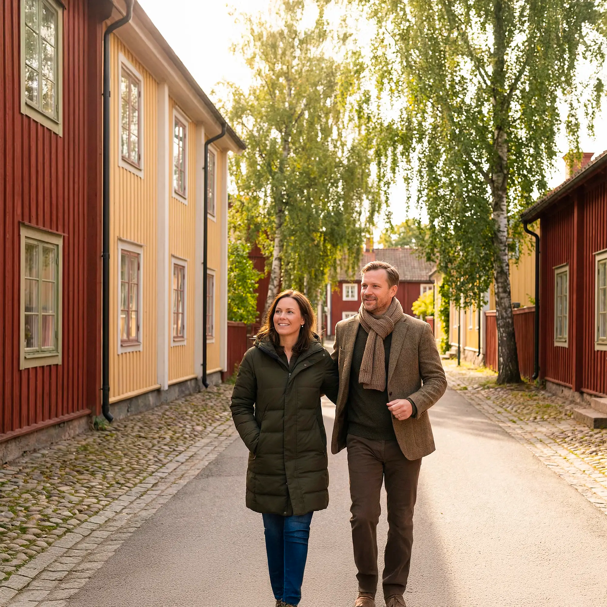Par promenerar tillsammans i stadsmiljö i mjukt dagsljus – symbol för energi, hjärthälsa och aktiv vardag