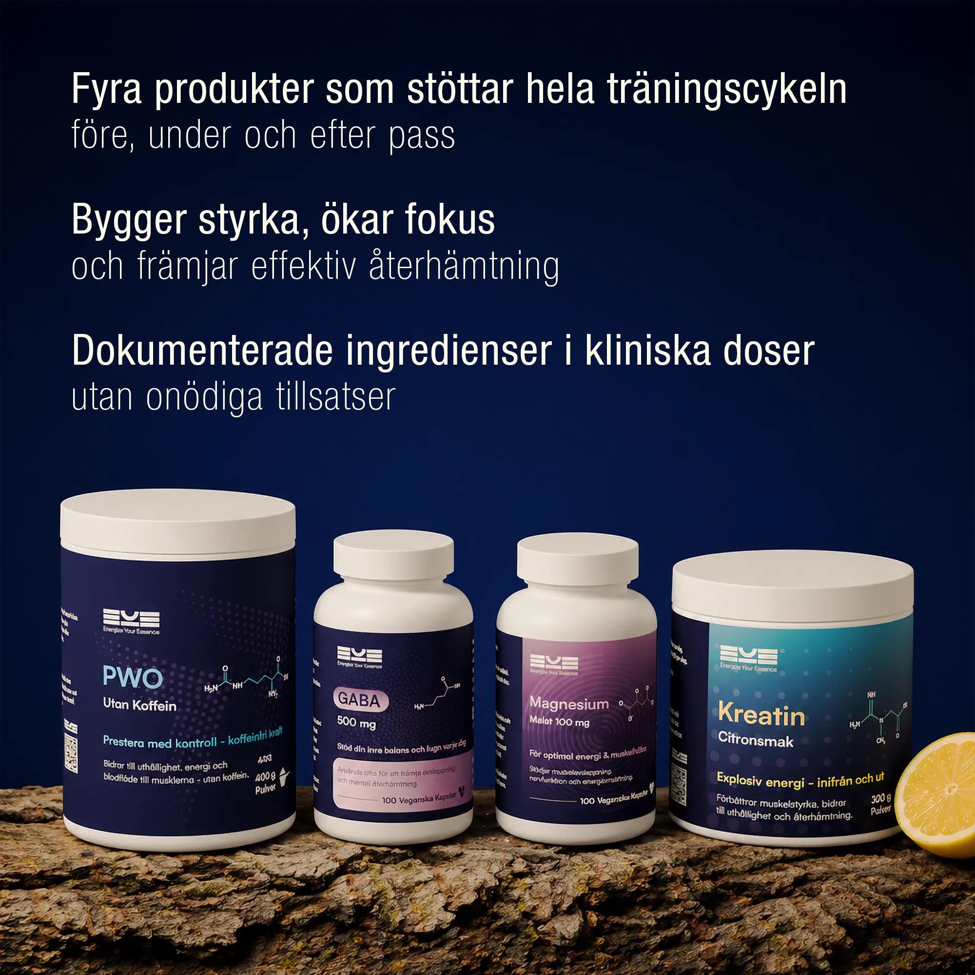 Kosttillskott för träning utan koffein – PWO utan koffein, kreatin citronsmak, magnesium och GABA från Energize Your Essence för energi, fokus och återhämtning
