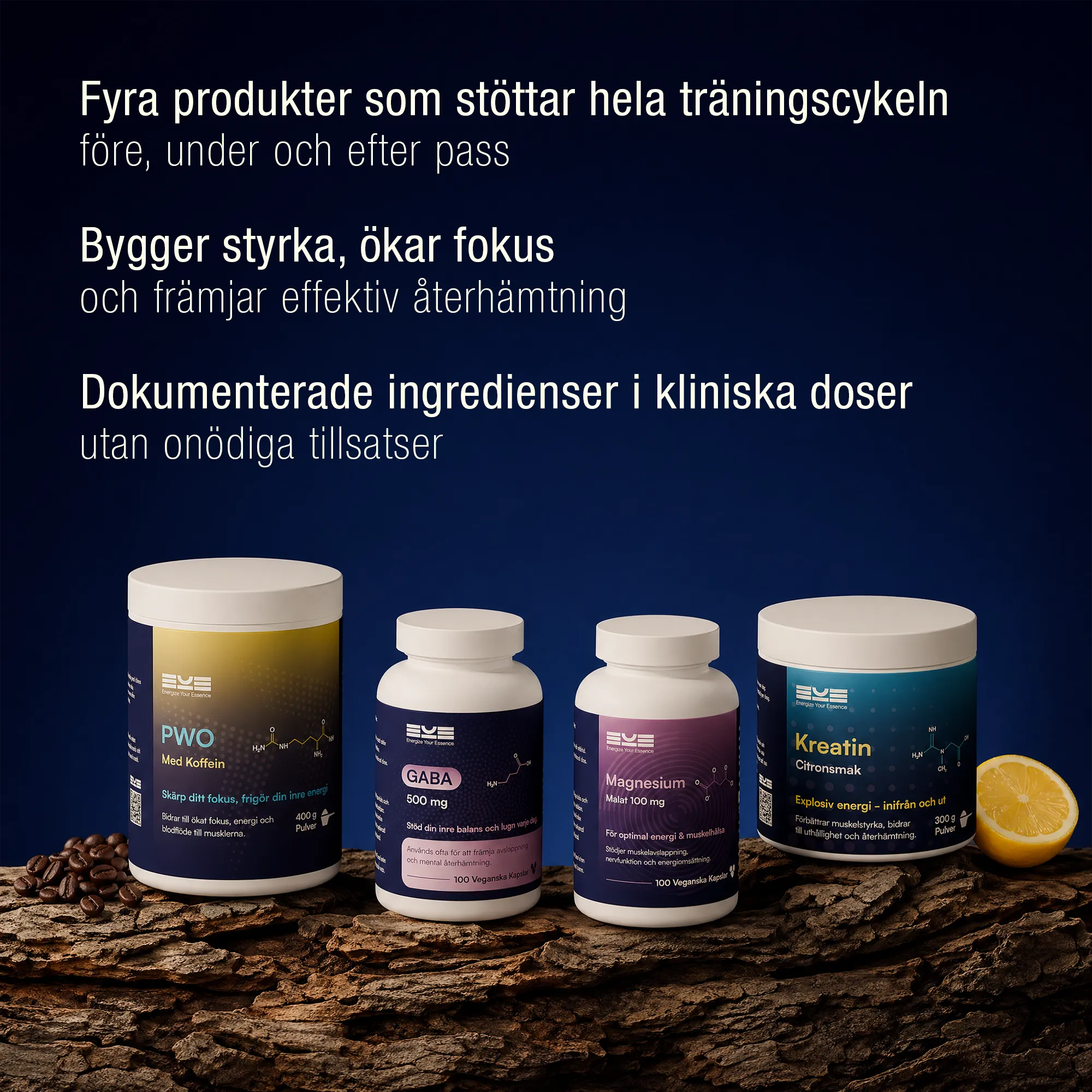 Kosttillskott för träning – PWO med koffein, kreatin citronsmak, magnesium och GABA från Energize Your Essence, presenterade tillsammans för energi, fokus och återhämtning