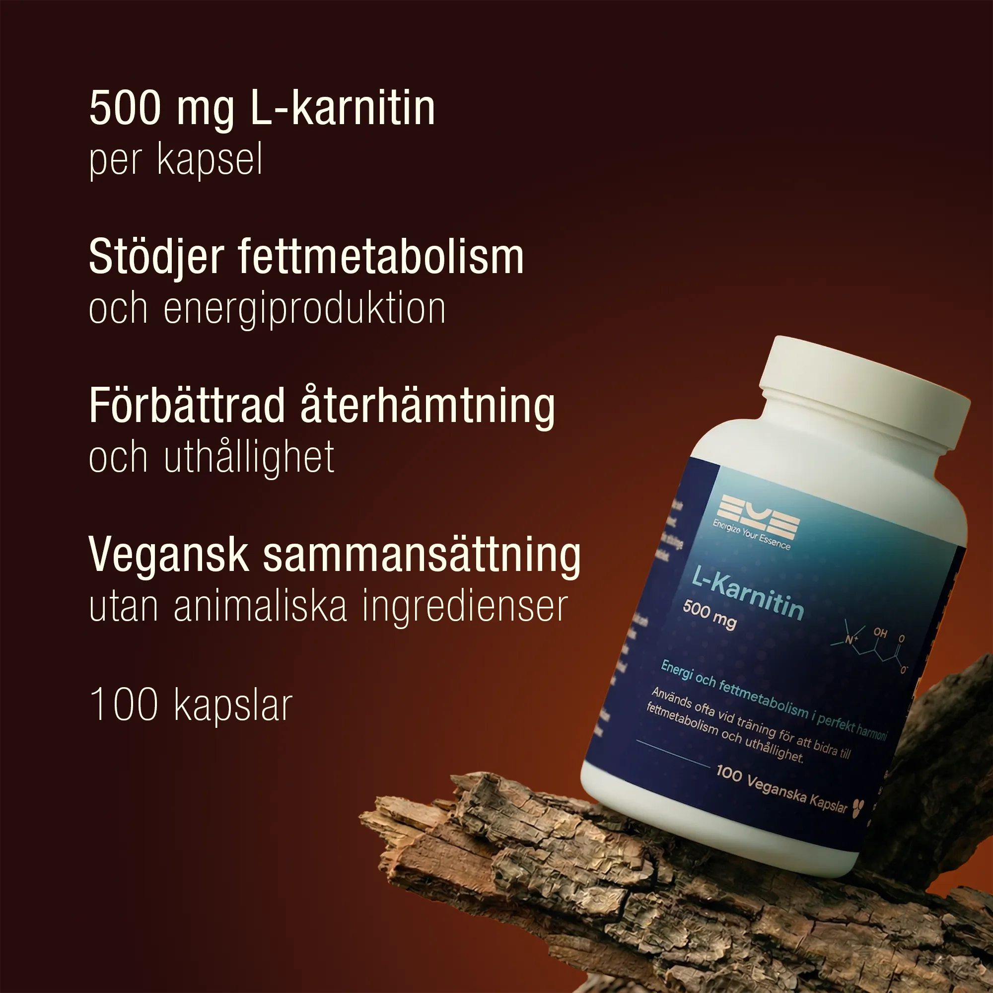 L-karnitin 500 mg från Energize Your Essence – kosttillskott som stödjer fettmetabolism, energi och återhämtning