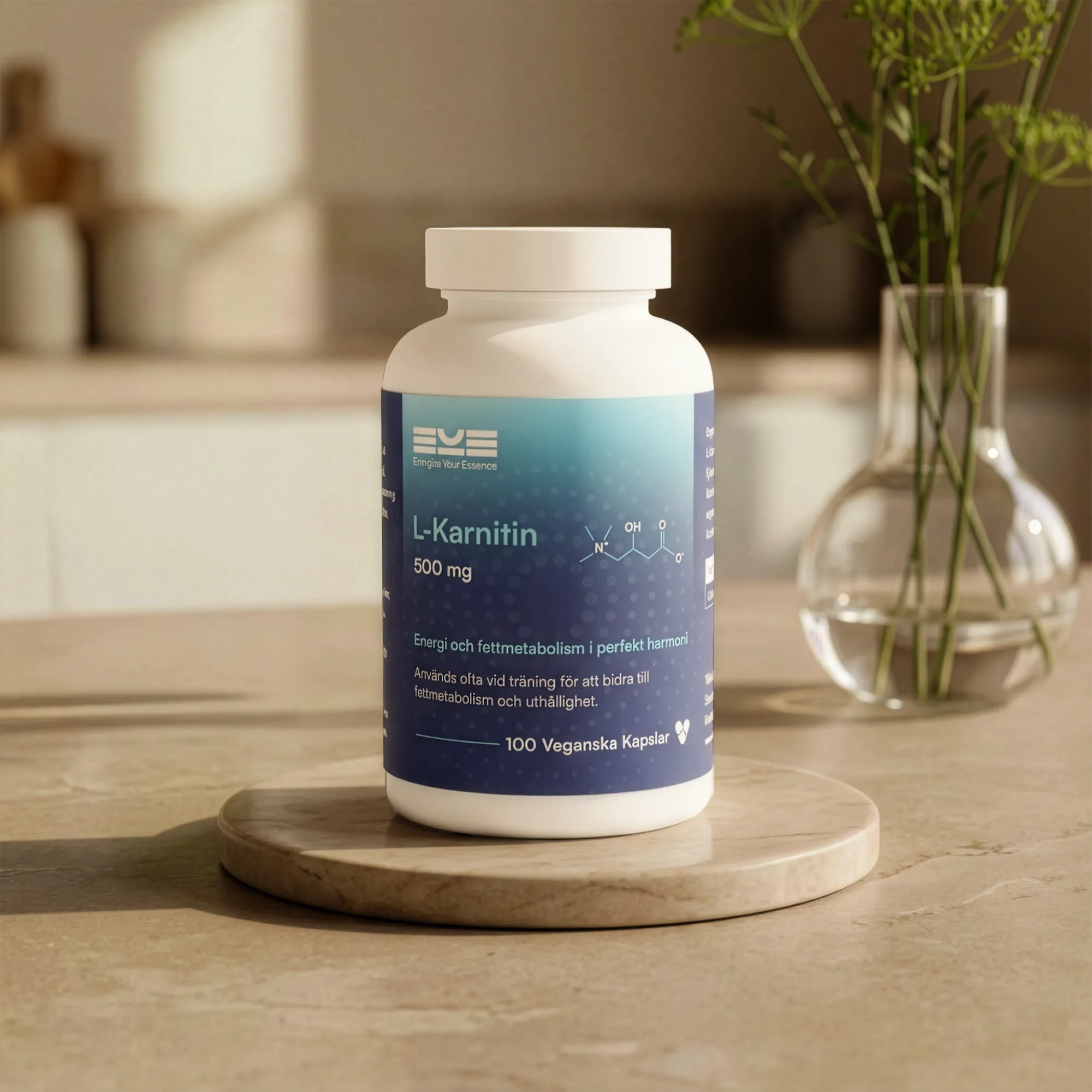 L-karnitin 500 mg från Energize Your Essence i lugn hemmiljö – kosttillskott för energi, fettmetabolism och uthållighet i vardagen