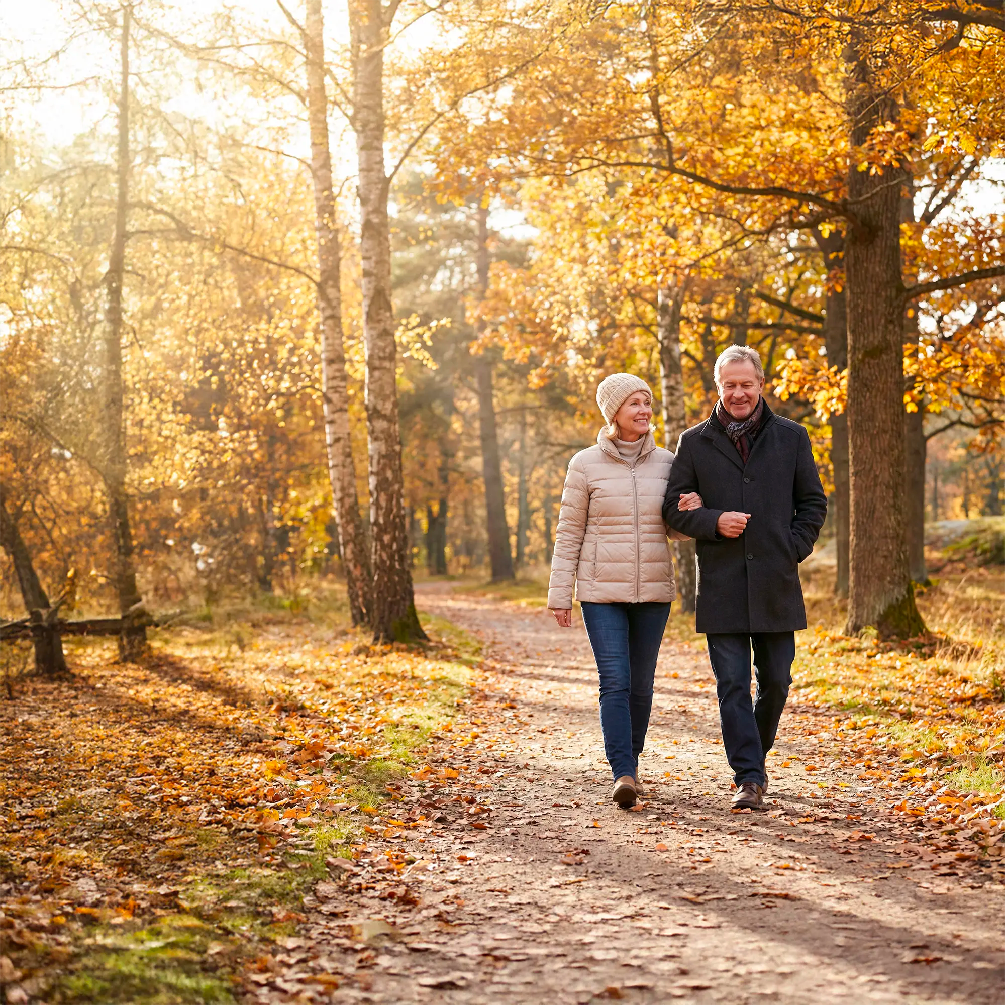 Par promenerar tillsammans i höstlandskap – symbol för långsiktig hälsa, vitalitet och livets kontinuitet
