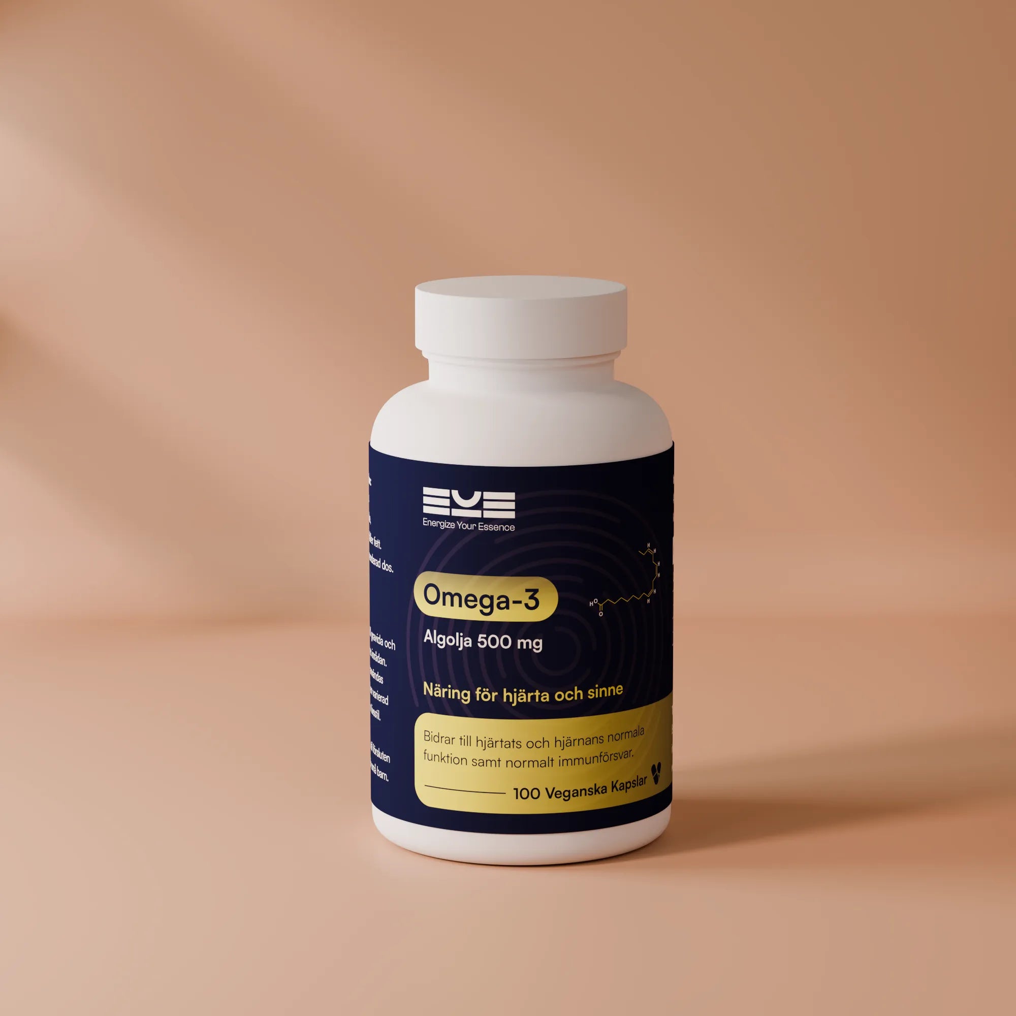Omega-3 algolja 500 mg från Energize Your Essence på varm beige bakgrund – veganskt kosttillskott för hjärta, hjärna och immunförsvar