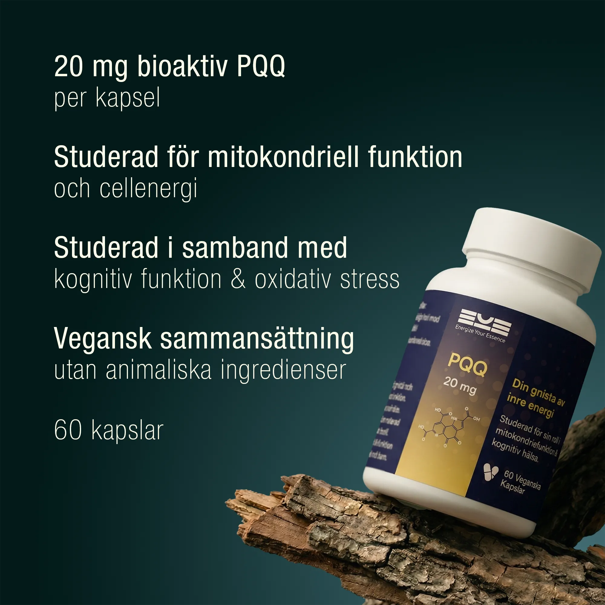 20 mg bioaktiv PQQ per kapsel – Energize Your Essence kosttillskott för mitokondriell funktion, cellenergi och kognitiv hälsa