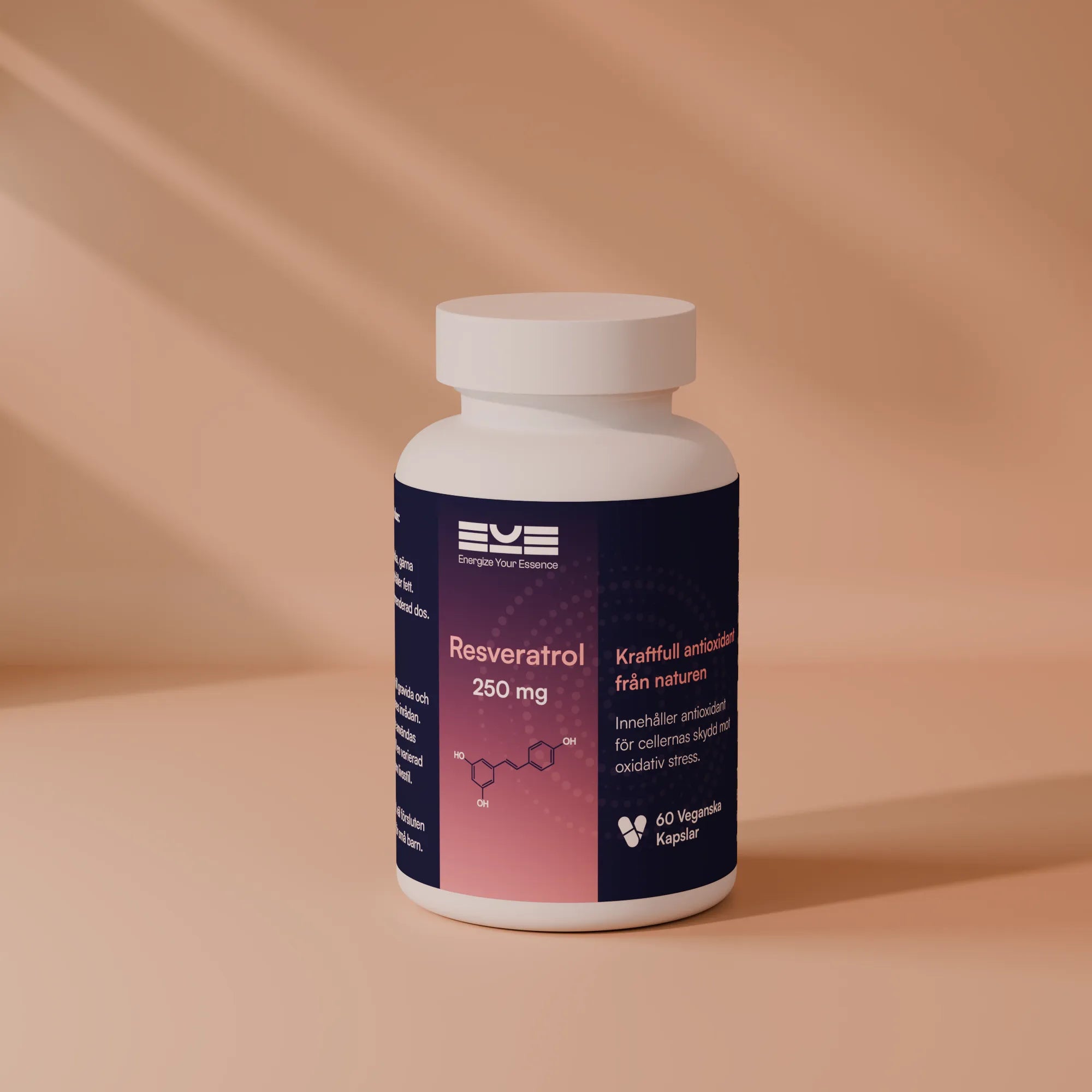 Resveratrol 250 mg kosttillskott från Energize Your Essence i burk på neutral bakgrund med mjukt ljus, antioxidant för cellskydd