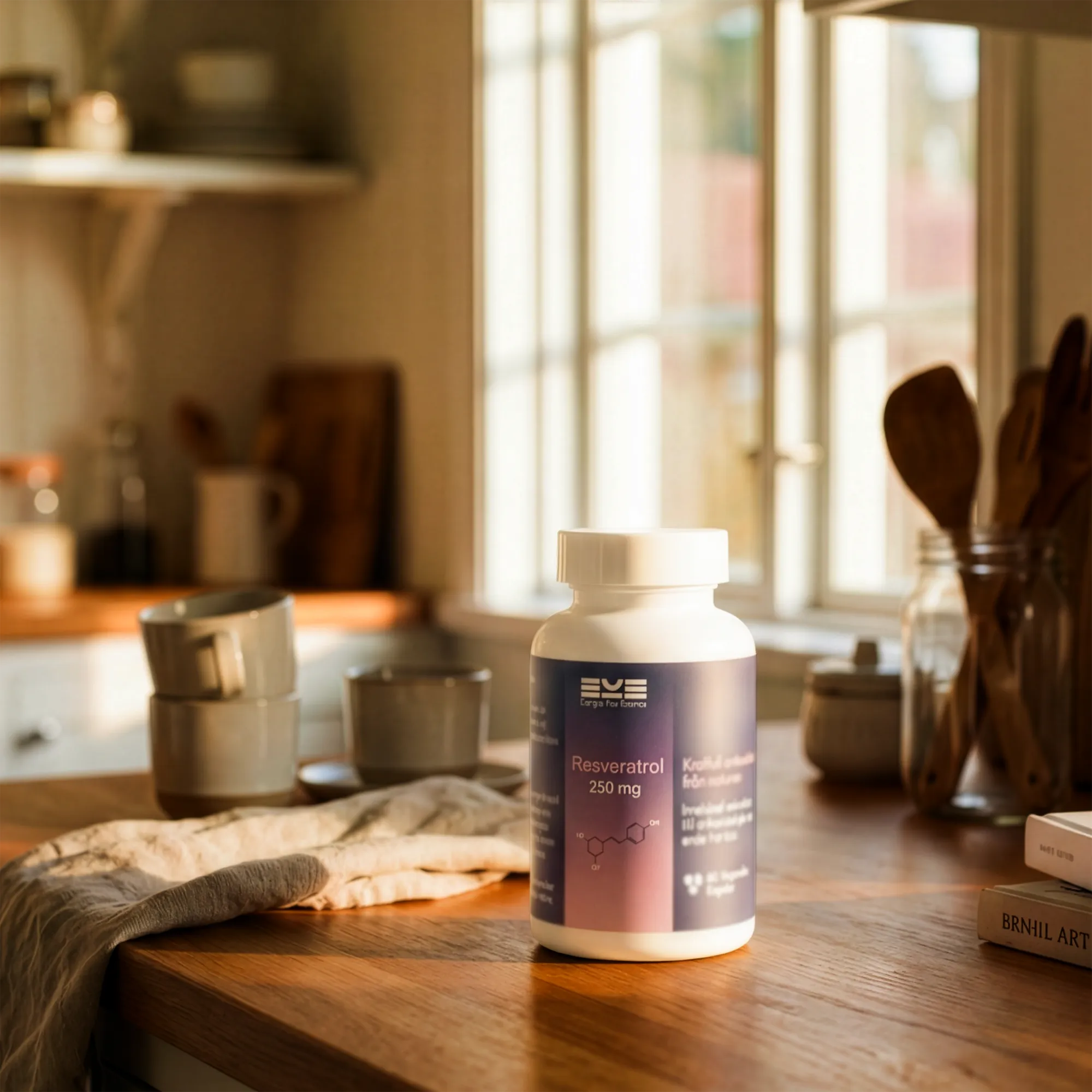 Resveratrol 250 mg från Energize Your Essence på köksbord i varmt morgonljus, med koppar och köksdetaljer i bakgrunden