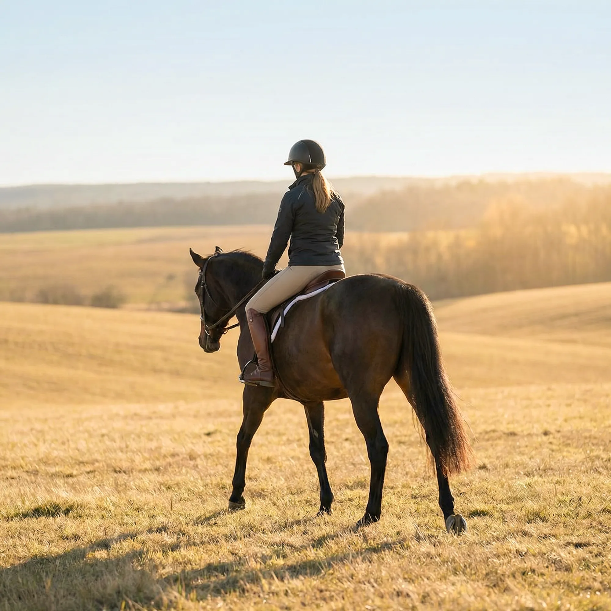 Person som rider häst i öppet landskap i varmt kvällsljus, med mjuka fält och skog i bakgrunden