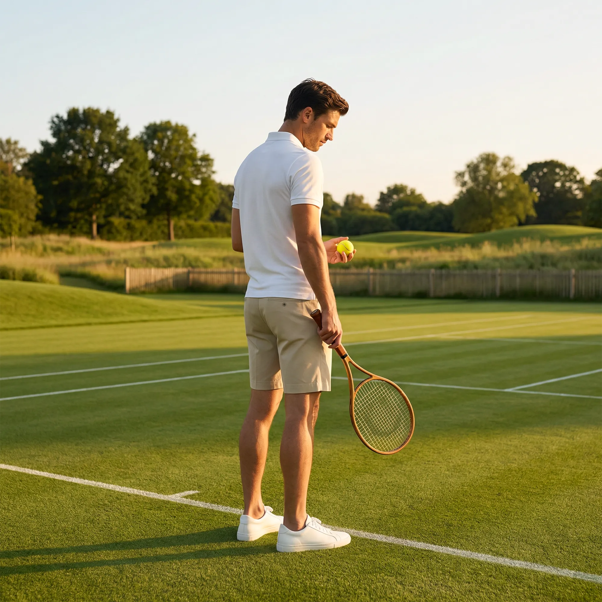 Person på tennisbana i kvällsljus som håller racket och tittar på en tennisboll, med grön bana och landskap i bakgrunden