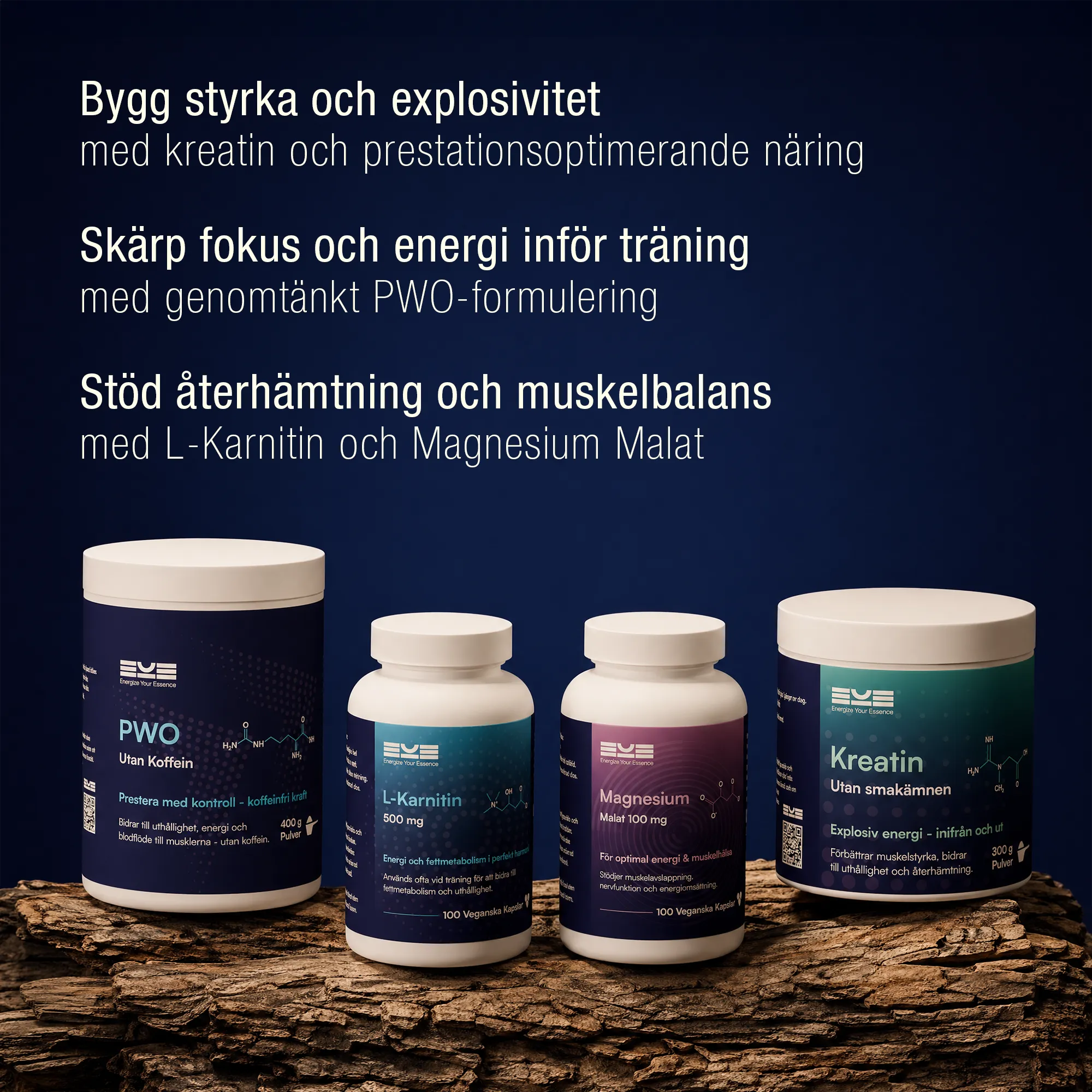 Kosttillskott för styrka och prestation utan koffein – PWO utan koffein, kreatin utan smak, L-karnitin och magnesium från Energize Your Essence för energi och återhämtning