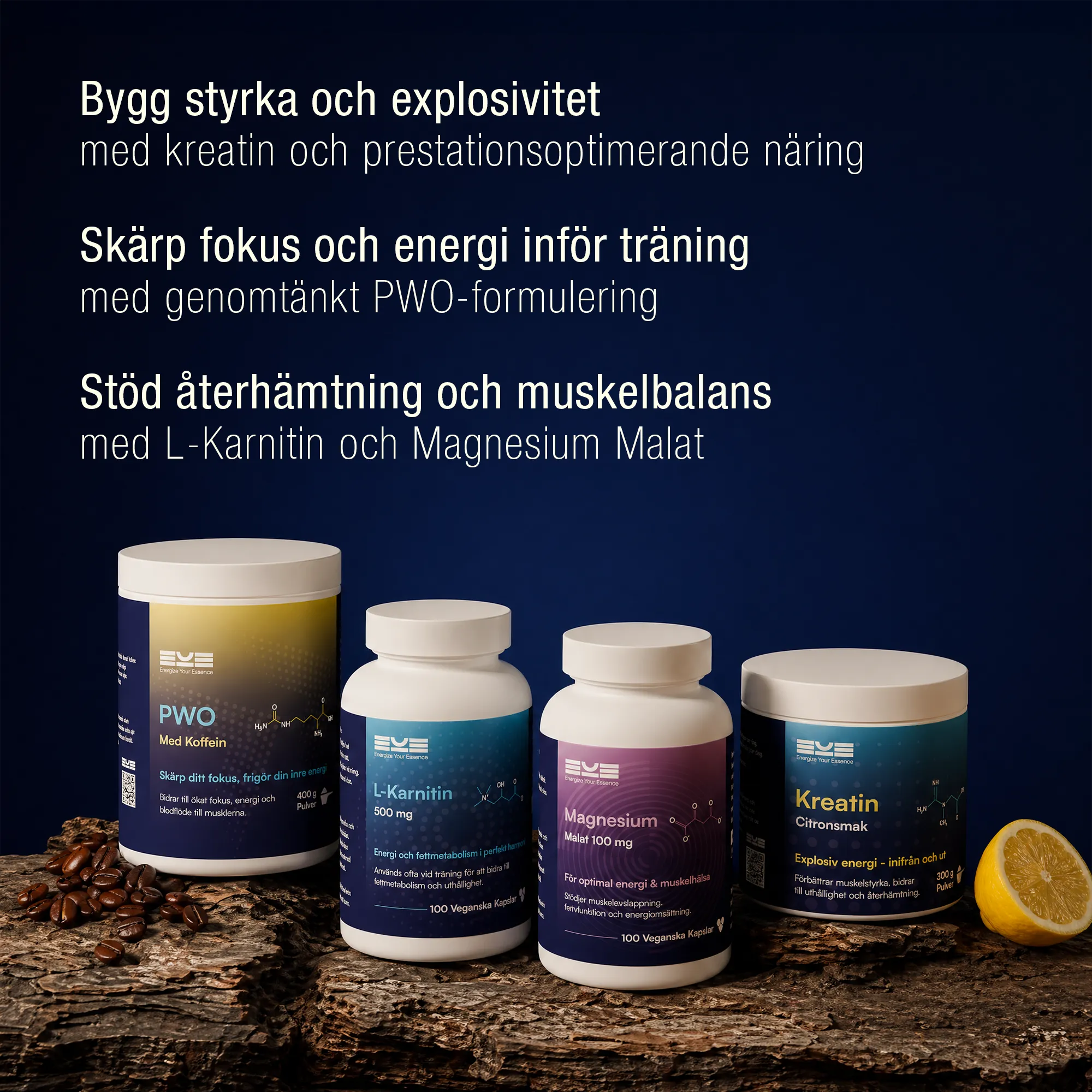 Kosttillskott för styrka och prestation – PWO med koffein, kreatin citronsmak, L-karnitin och magnesium från Energize Your Essence för energi, fokus och återhämtning
