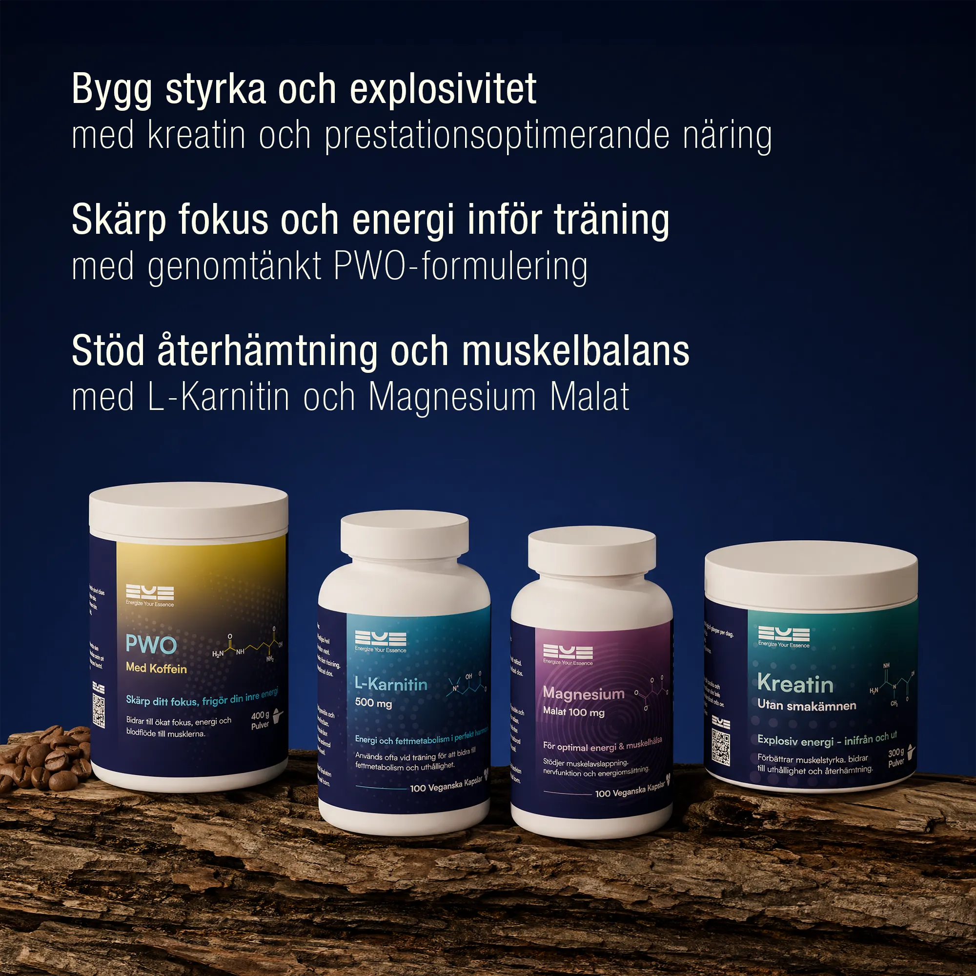Kosttillskott för styrka och prestation – PWO med koffein, kreatin utan smak, L-karnitin och magnesium från Energize Your Essence för energi, fokus och återhämtning