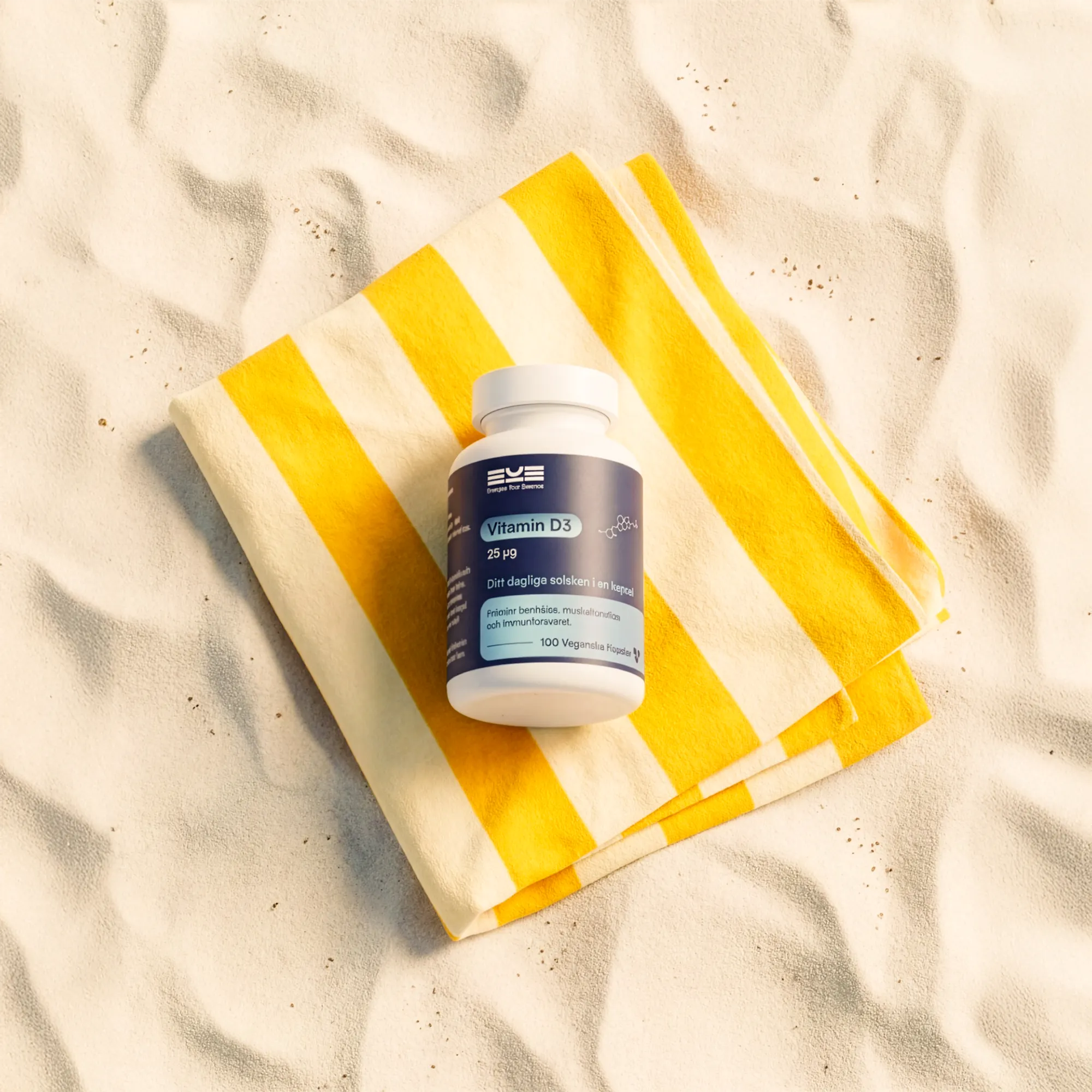 Vitamin D3 25 µg från Energize Your Essence placerad på en gul- och vitrandig handduk på sandstrand, upplyst av varm sol med somrig känsla