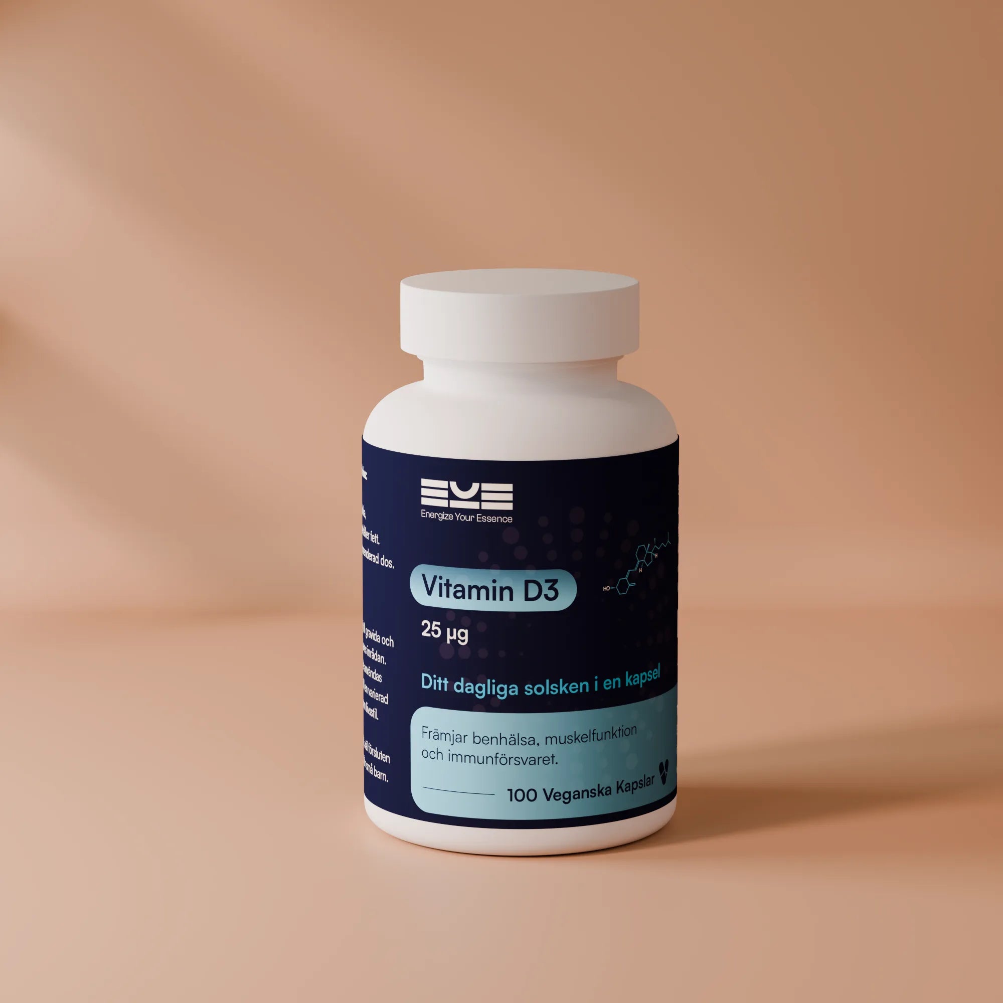 Kosttillskott Vitamin D3 25 µg från Energize Your Essence i vit burk mot varm neutral bakgrund