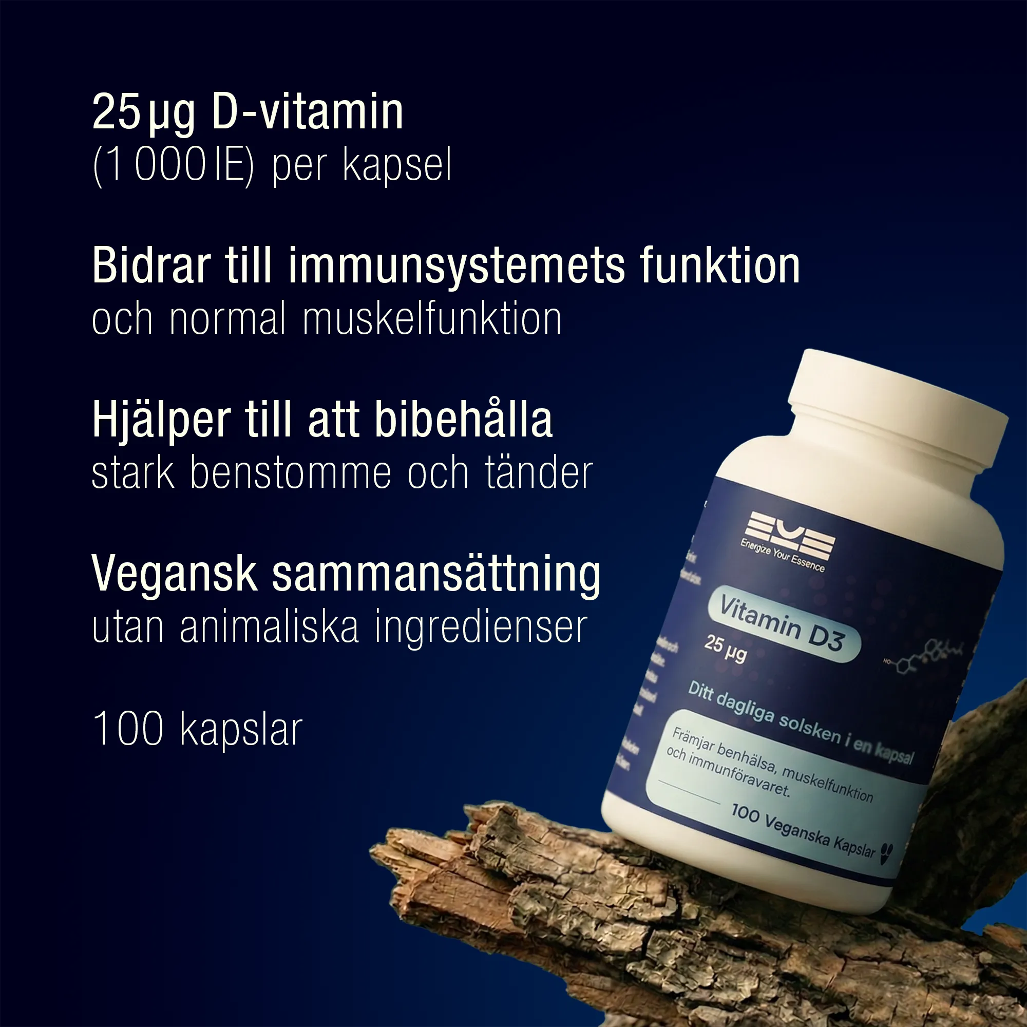 Informationsbild för Vitamin D3 25 µg från Energize Your Essence med fördelar, vegansk sammansättning och 100 kapslar, samt produktburk mot mörk bakgrund