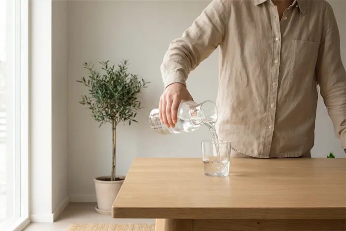 Person som häller upp ett glas vatten hemma i lugn miljö – en daglig rutin för vätskebalans och välmående
