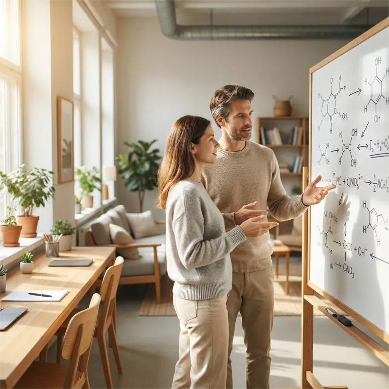 Två personer diskuterar vetenskapliga formler på whiteboard – mötet mellan forskning och prestation
